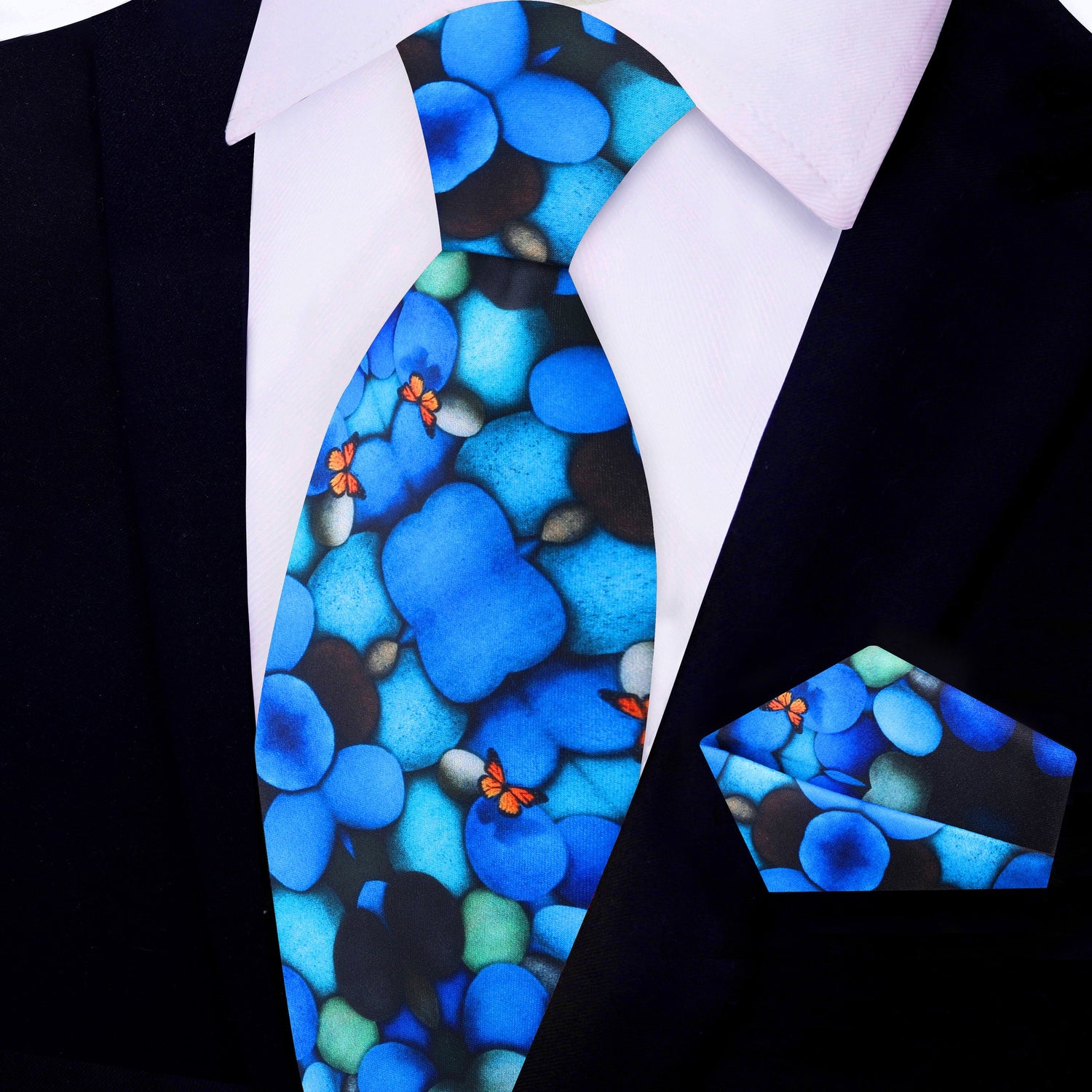 Blue Stones with Orange Butterflies Silk Tie and Pocket Square