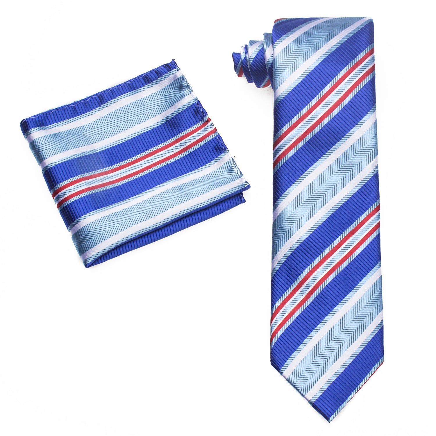 Alt View: A Blue, Light Blue, Orange Stripe Pattern Silk Necktie, Matching Pocket Square