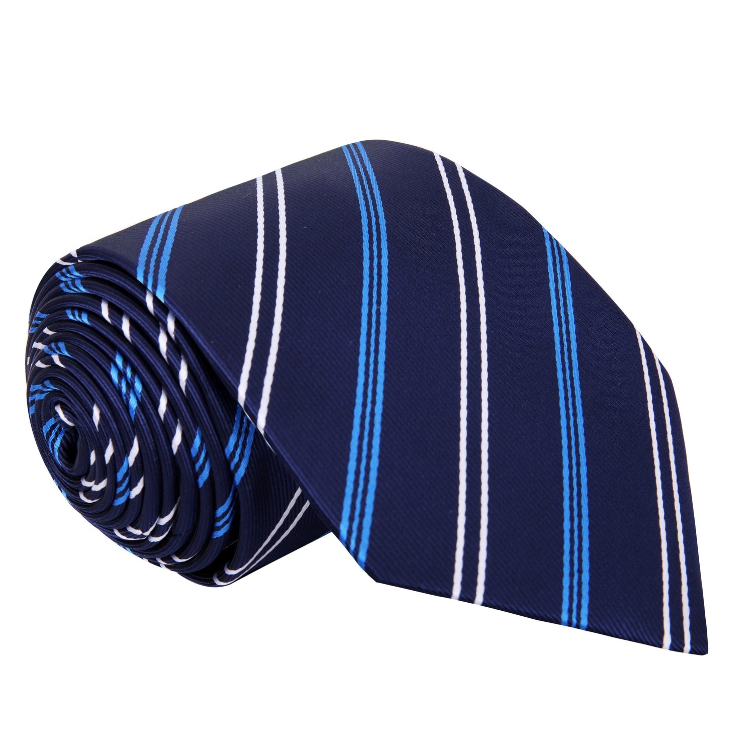 A Dark Blue, Light Blue, White Stripe Silk Necktie