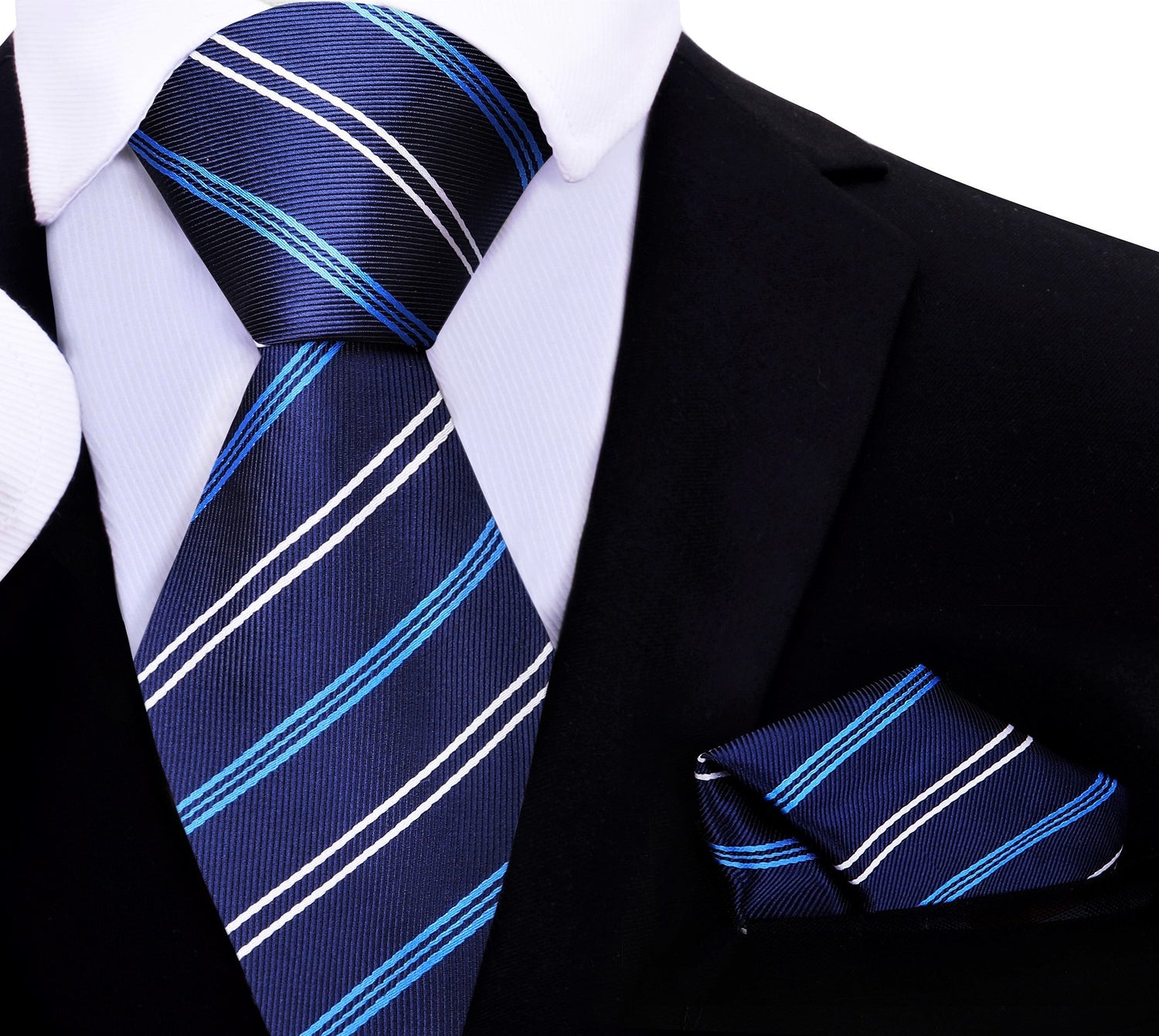 A Dark Blue, Light Blue, White Stripe Silk Necktie, Pocket Square