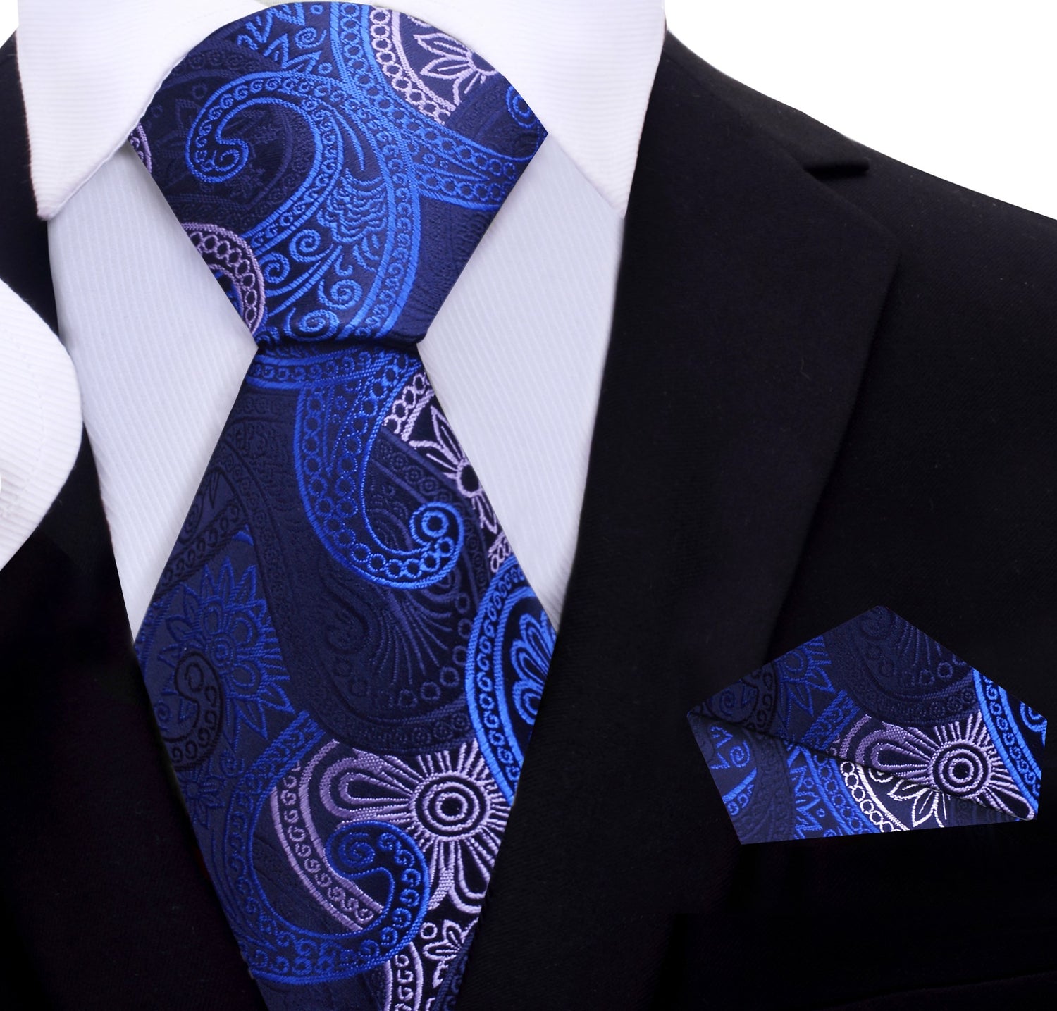 A Dark Blue, White, Light Blue Paisley Pattern Necktie With Matching Pocket Square