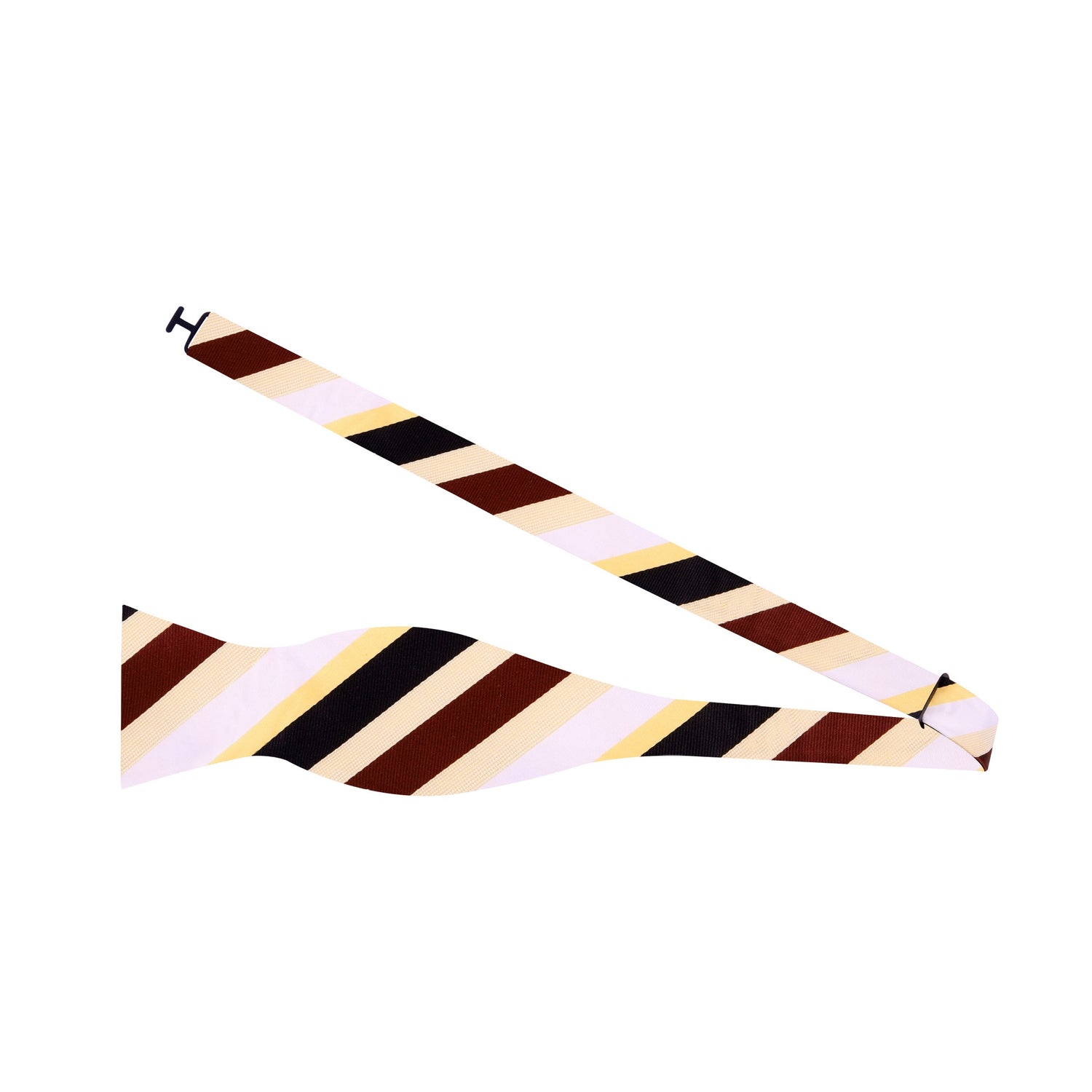A Cream, Brown, Black Stripe Pattern Silk Self Tie Bow Tie Untied