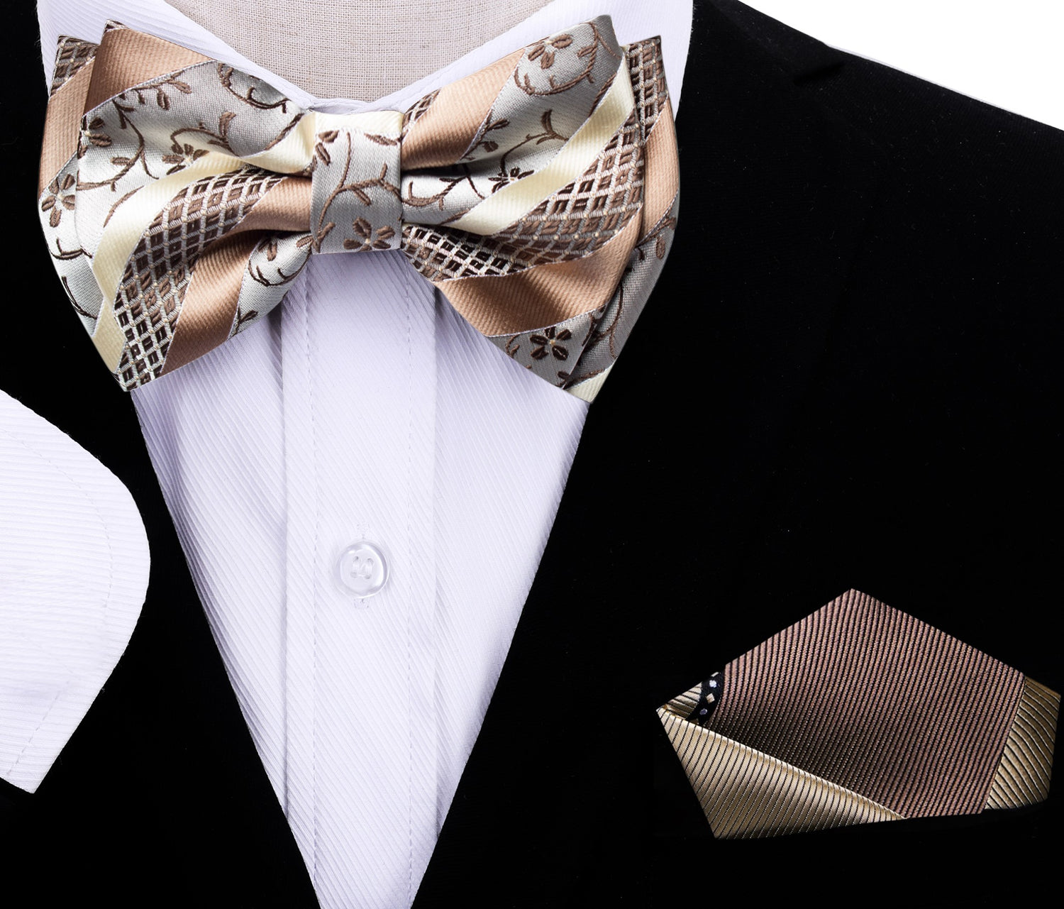 Brown, Tan, Cream Vine Bow Tie And Accenting Brown Square On Suit