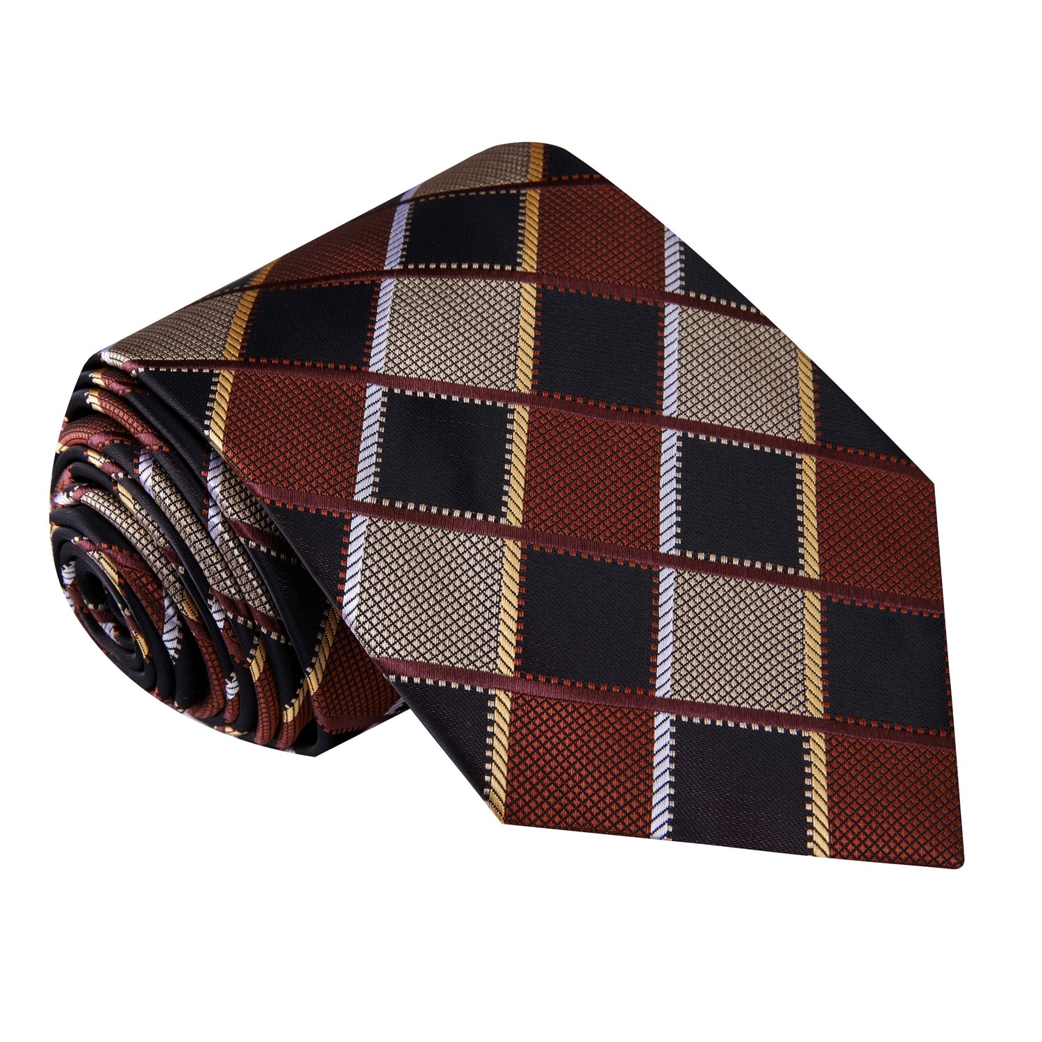 A Brown, Light Brown Geometric Diamond Pattern Silk Necktie 