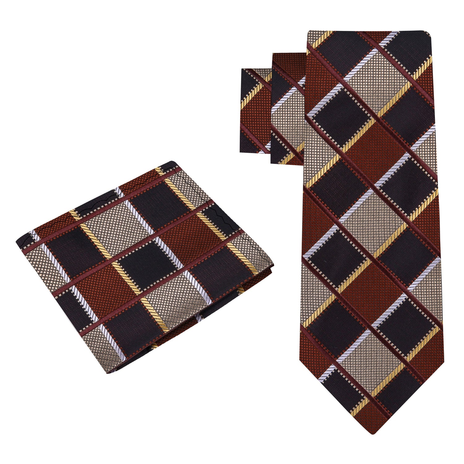Alt View: A Brown, Light Brown Geometric Diamond Pattern Silk Necktie, Matching Pocket Square