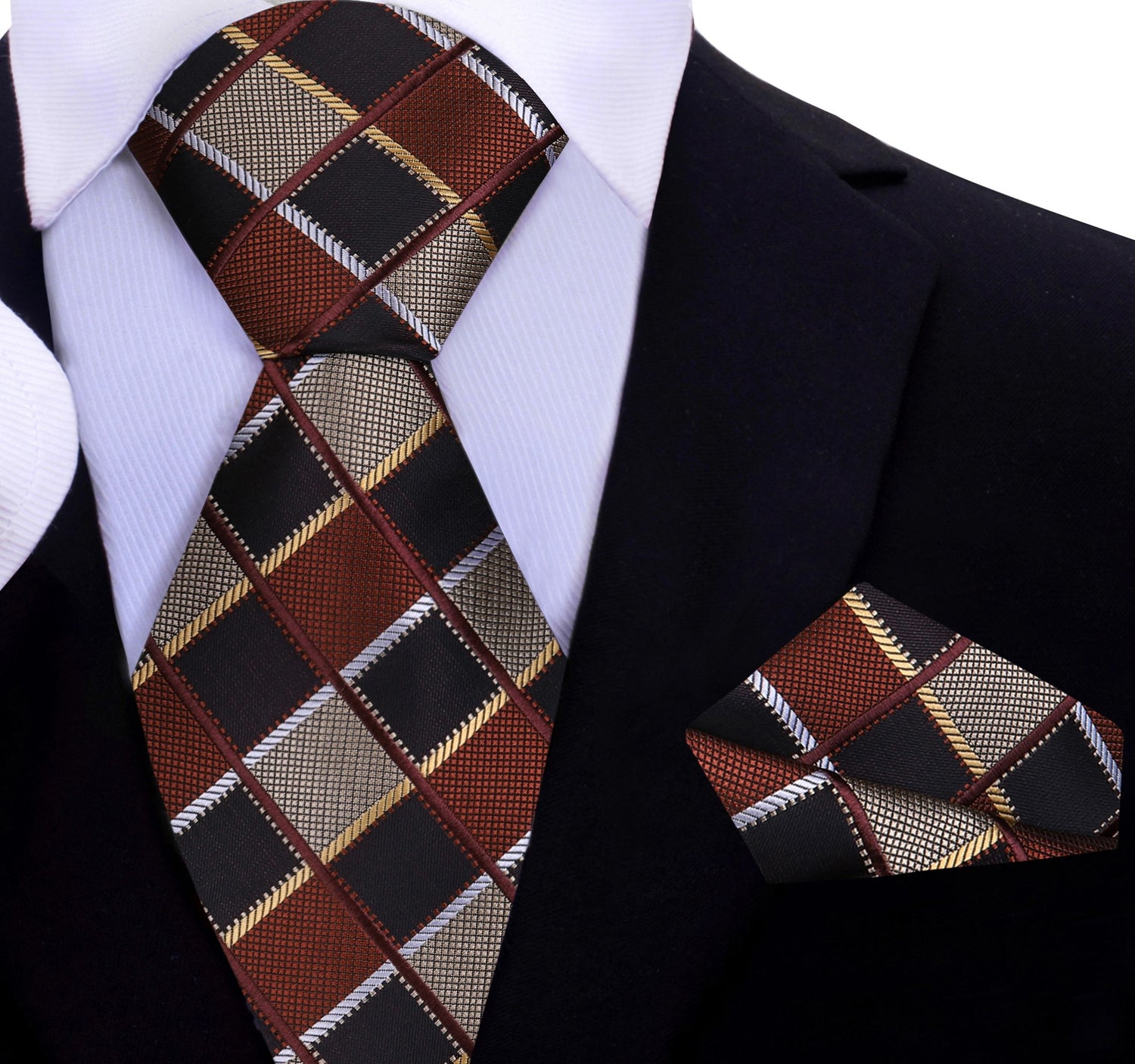 A Brown, Light Brown Geometric Diamond Pattern Silk Necktie, Matching Pocket Square