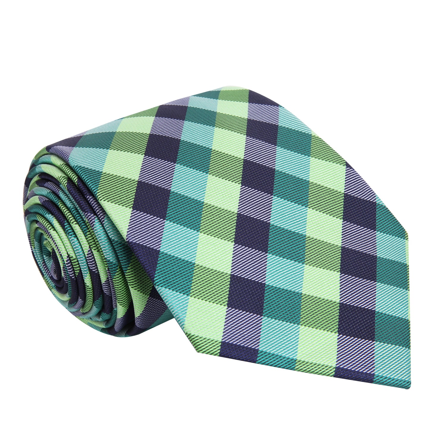 A Green, Dark Green, Blue Geometric Check Pattern Silk Necktie