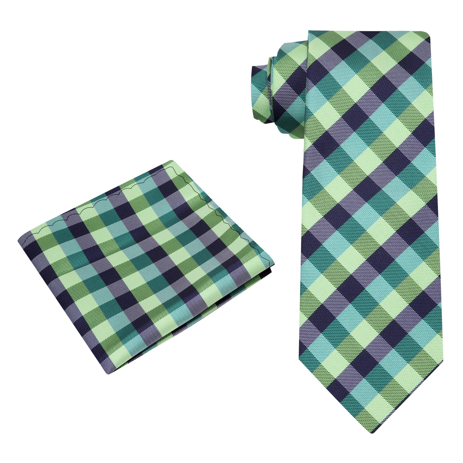Alt View: A Green, Dark Green, Blue Geometric Check Pattern Silk Necktie, Matching Pocket Square