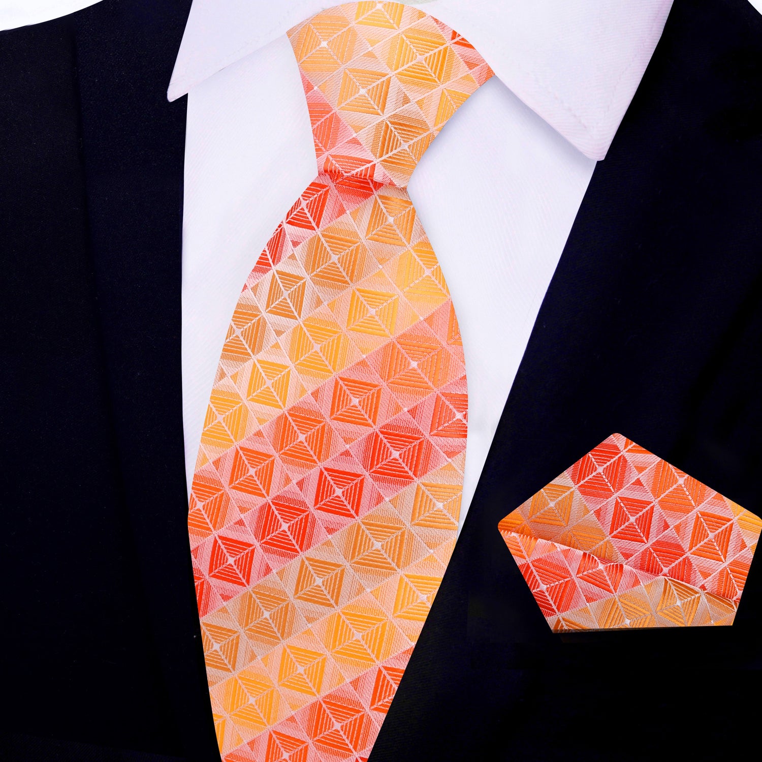 View 2: Shades of Orange Geometric Necktie and Matching Square