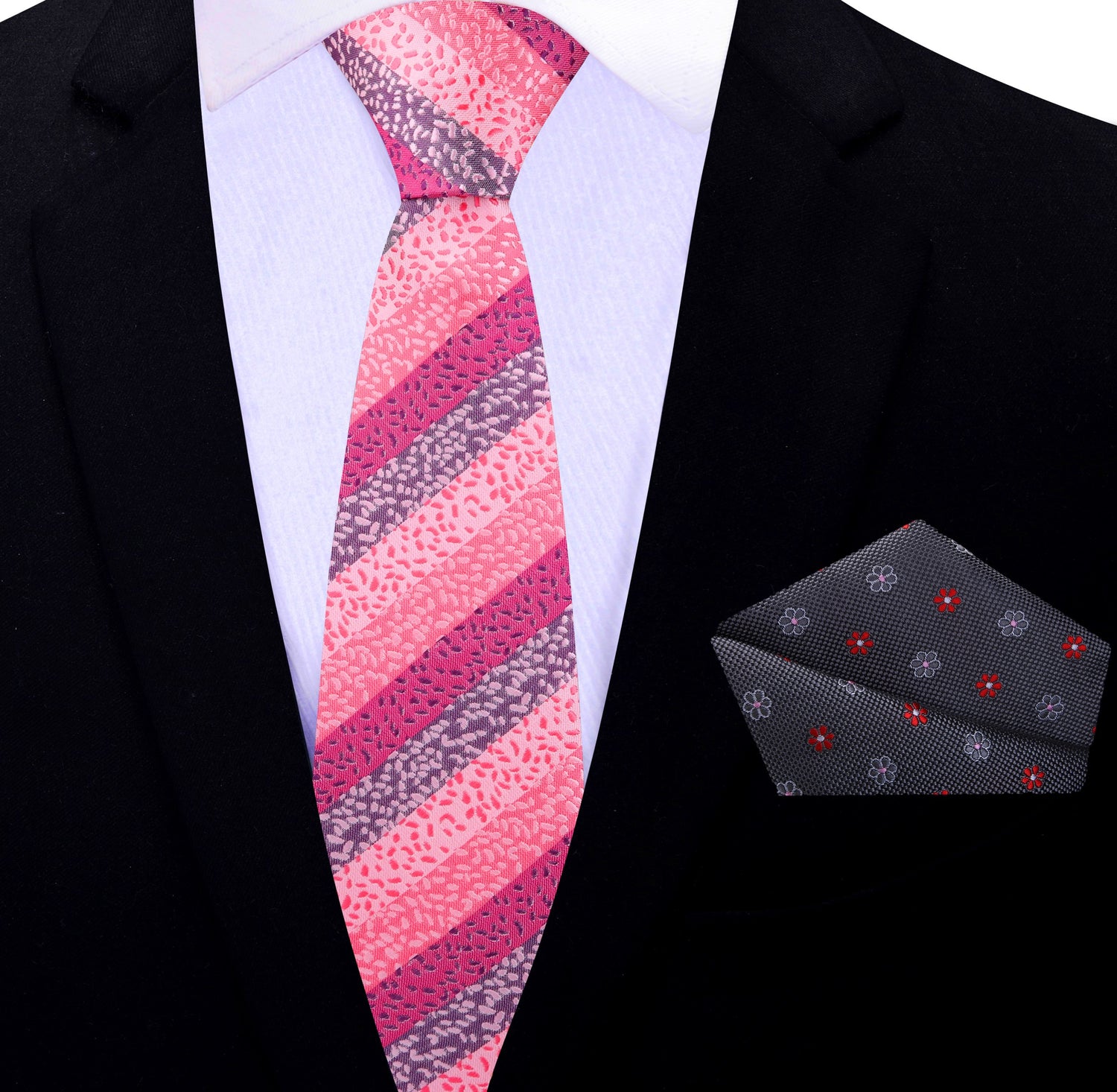 Thin Tie: Shades of Pink with stripes and texture silk tie and accenting grey and pink floral pocket square