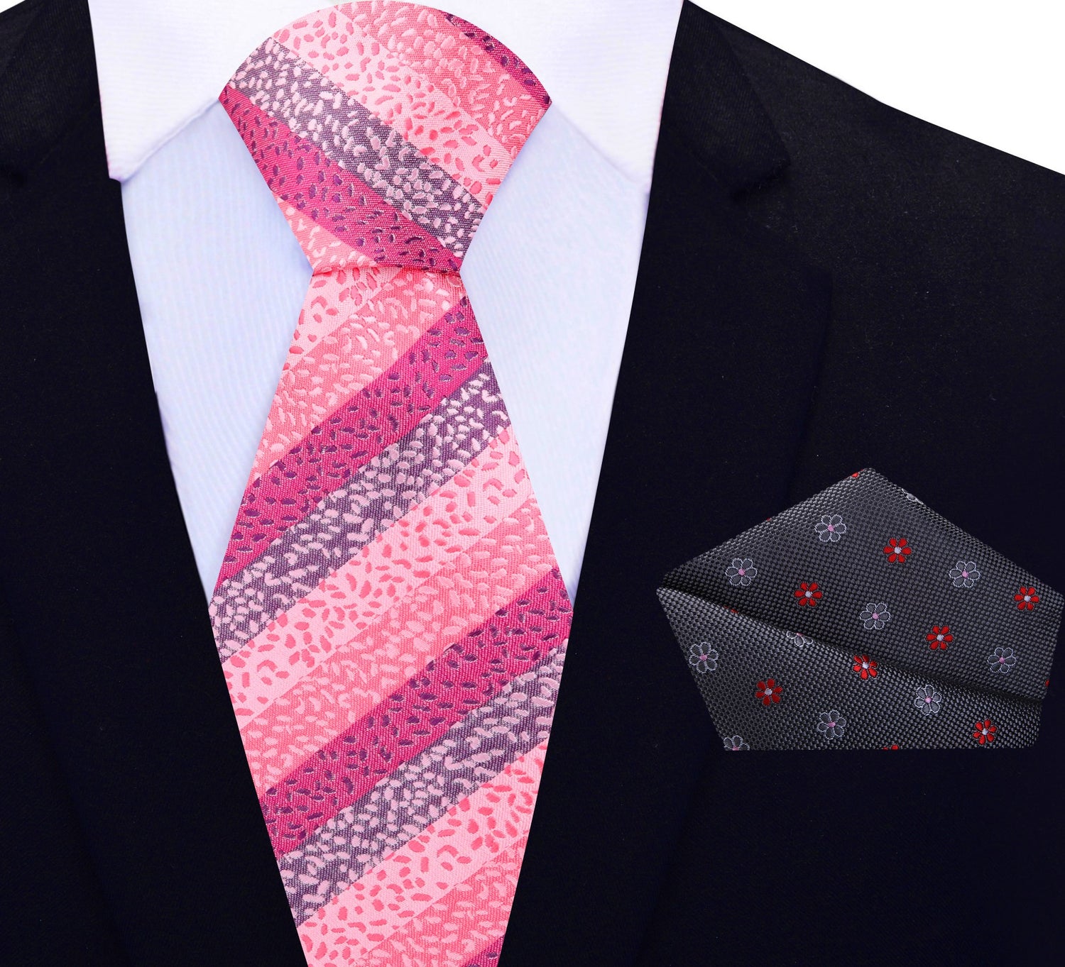 Shades of Pink with stripes and texture silk tie and accenting grey and pink floral pocket square