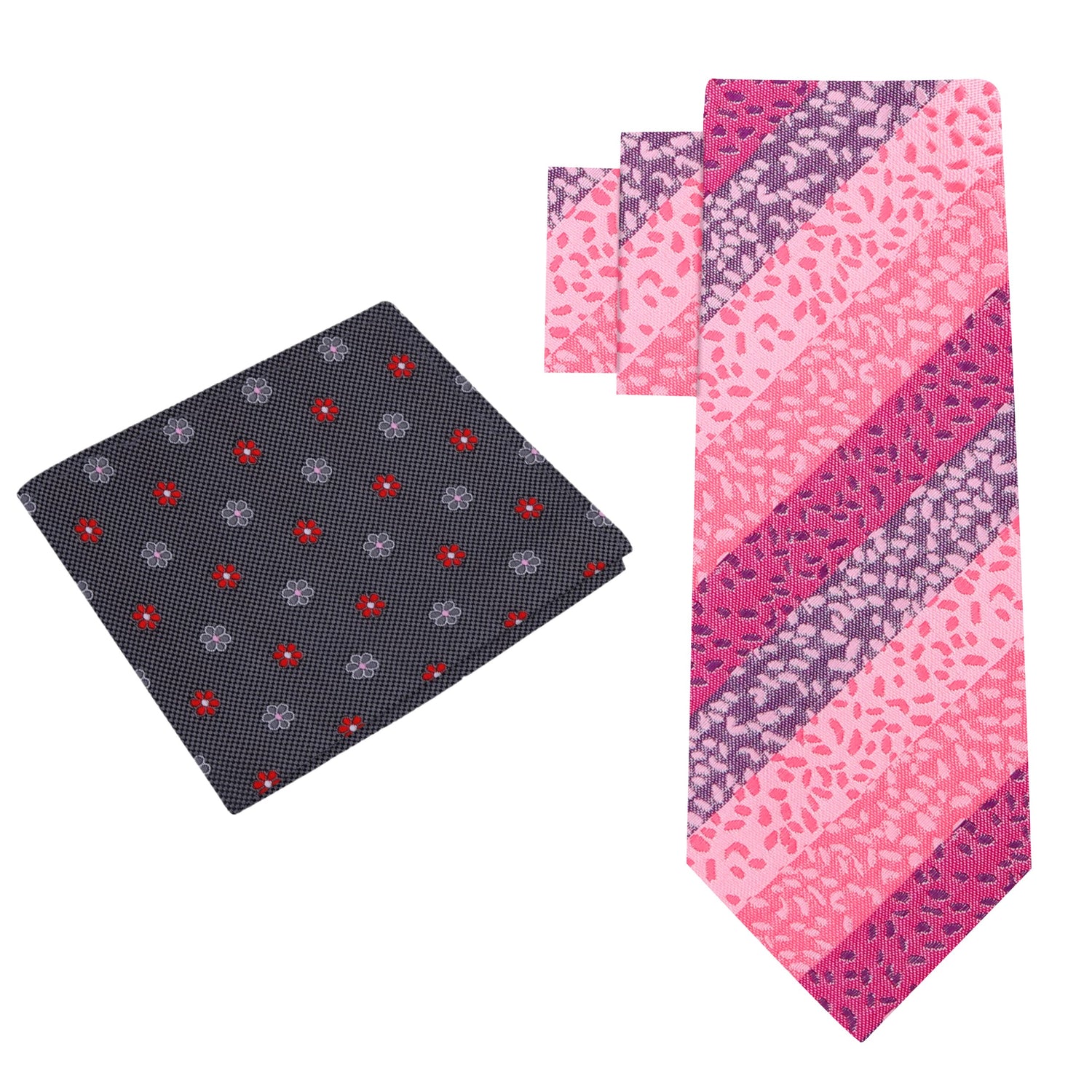 Alt View: Shades of Pink with stripes and texture silk tie and accenting grey and pink floral pocket square