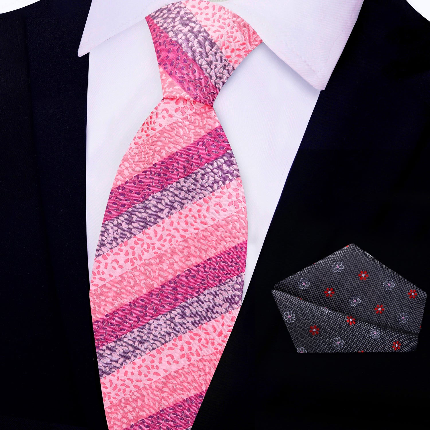 View 2: Shades of Pink with stripes and texture silk tie and accenting grey and pink floral pocket square