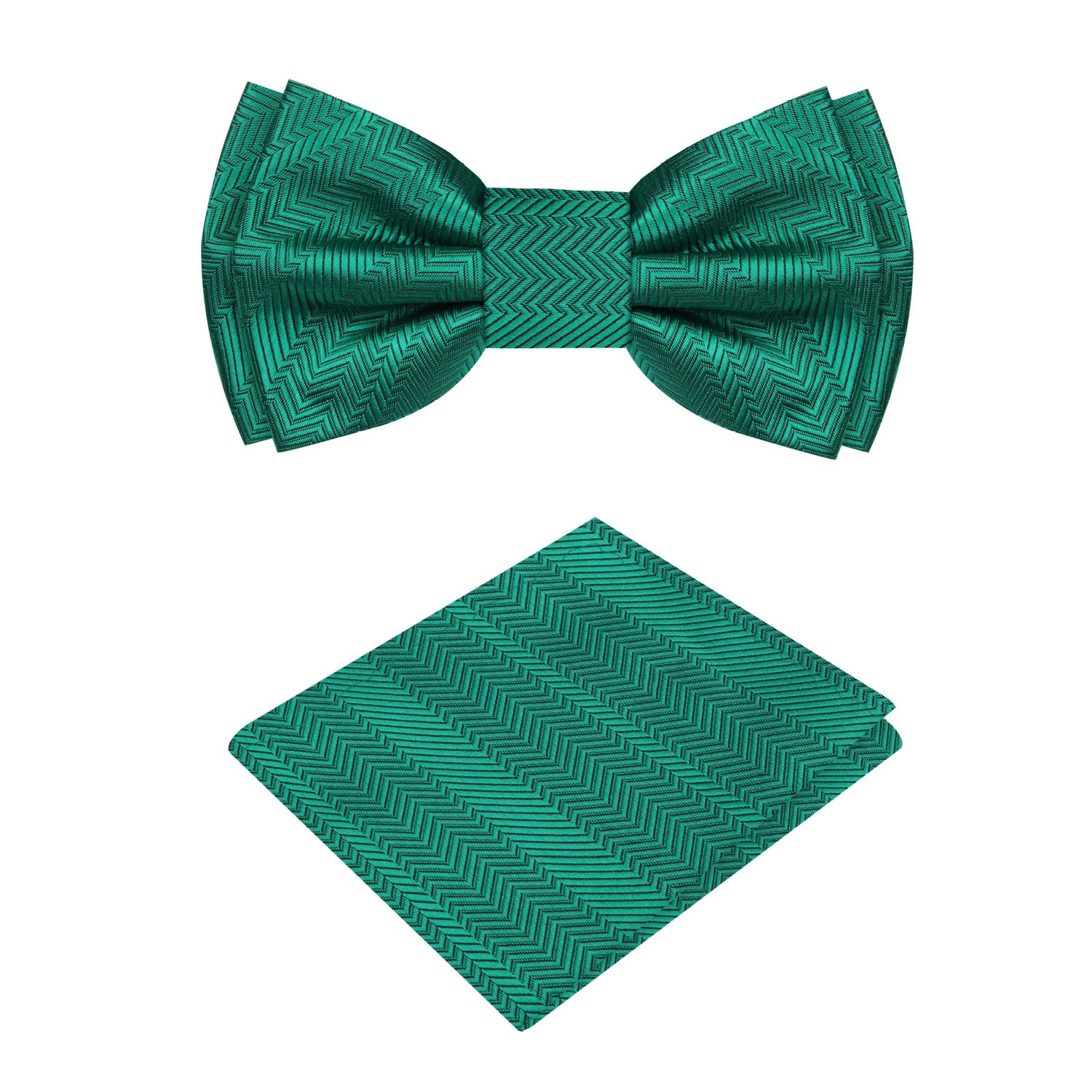 A Solid Shamrock Green Pattern Silk Self Tie Bow Tie, Matching Pocket Square