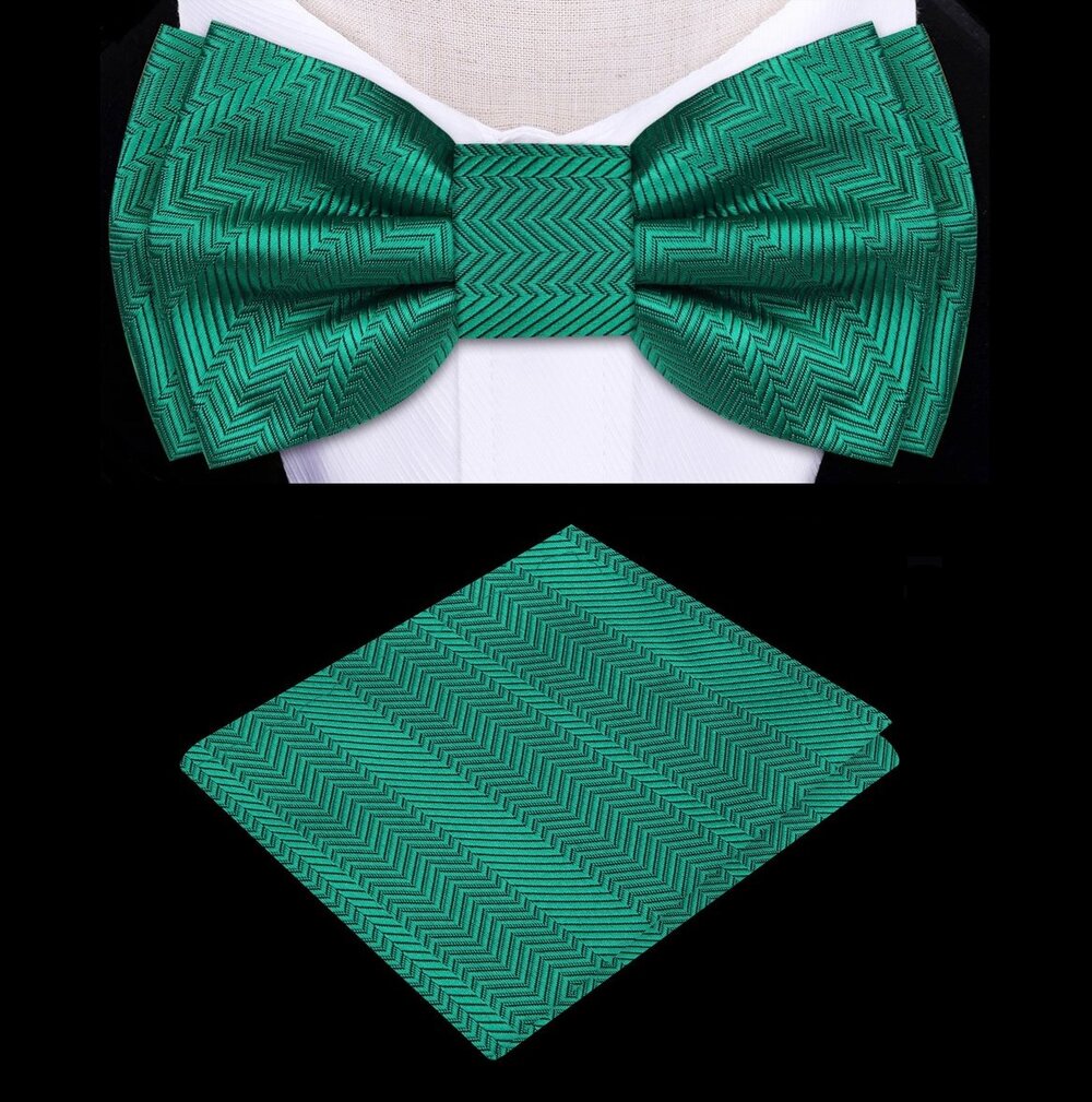 A Solid Shamrock Green Color with Lined Texture Pattern Silk Kids Pre-Tied Bow Tie, Matching Pocket Square