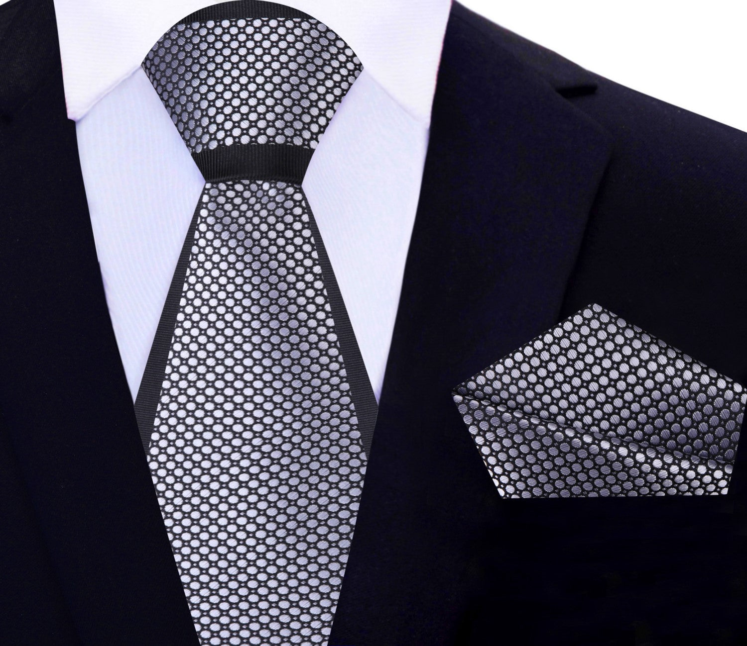 Main View: Silver, Black Geometric Tie and Pocket Square