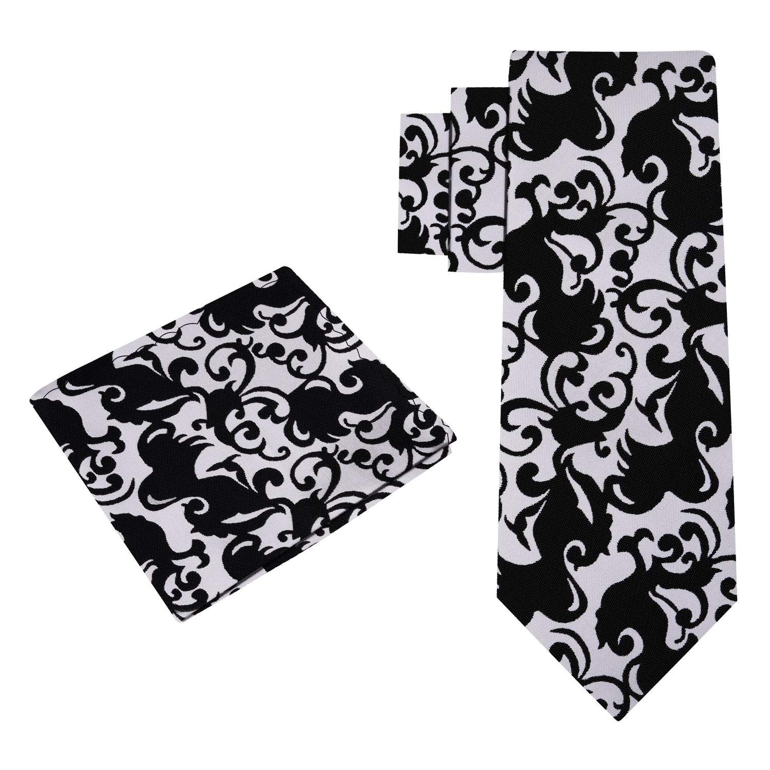 Alt View: A Black, Light Silver Vine Floral Pattern Silk Necktie, Matching Pocket Square