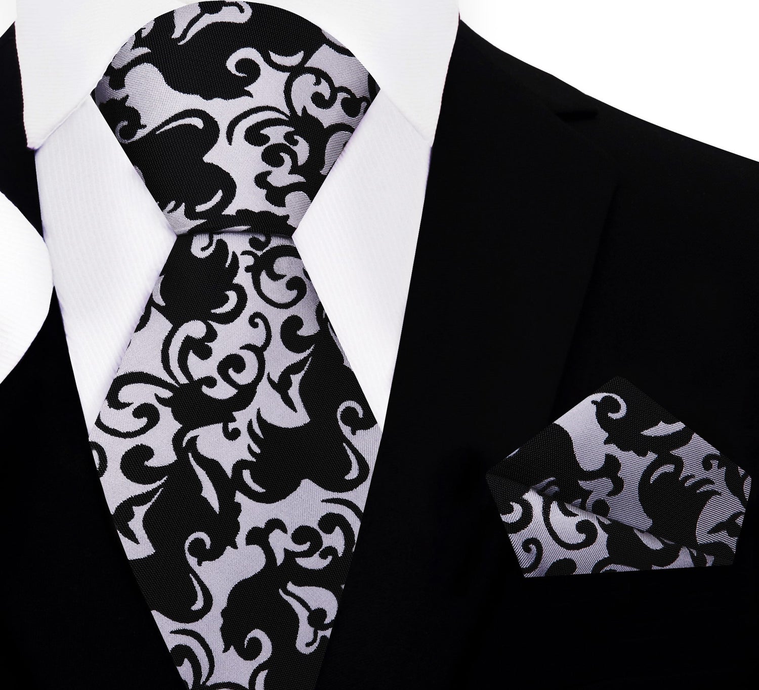 A Black, Light Silver Vine Floral Pattern Silk Necktie, Matching Pocket Square