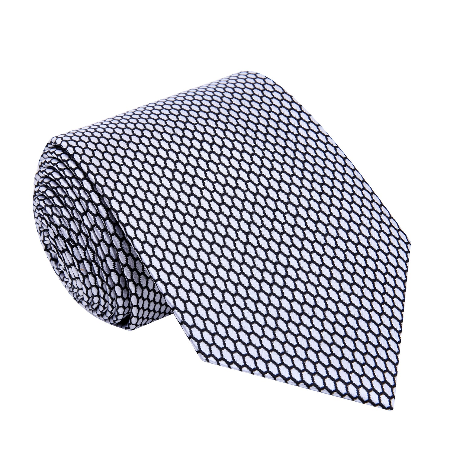 A Silver, Black Geometric Oval Shaped Pattern Silk Necktie 