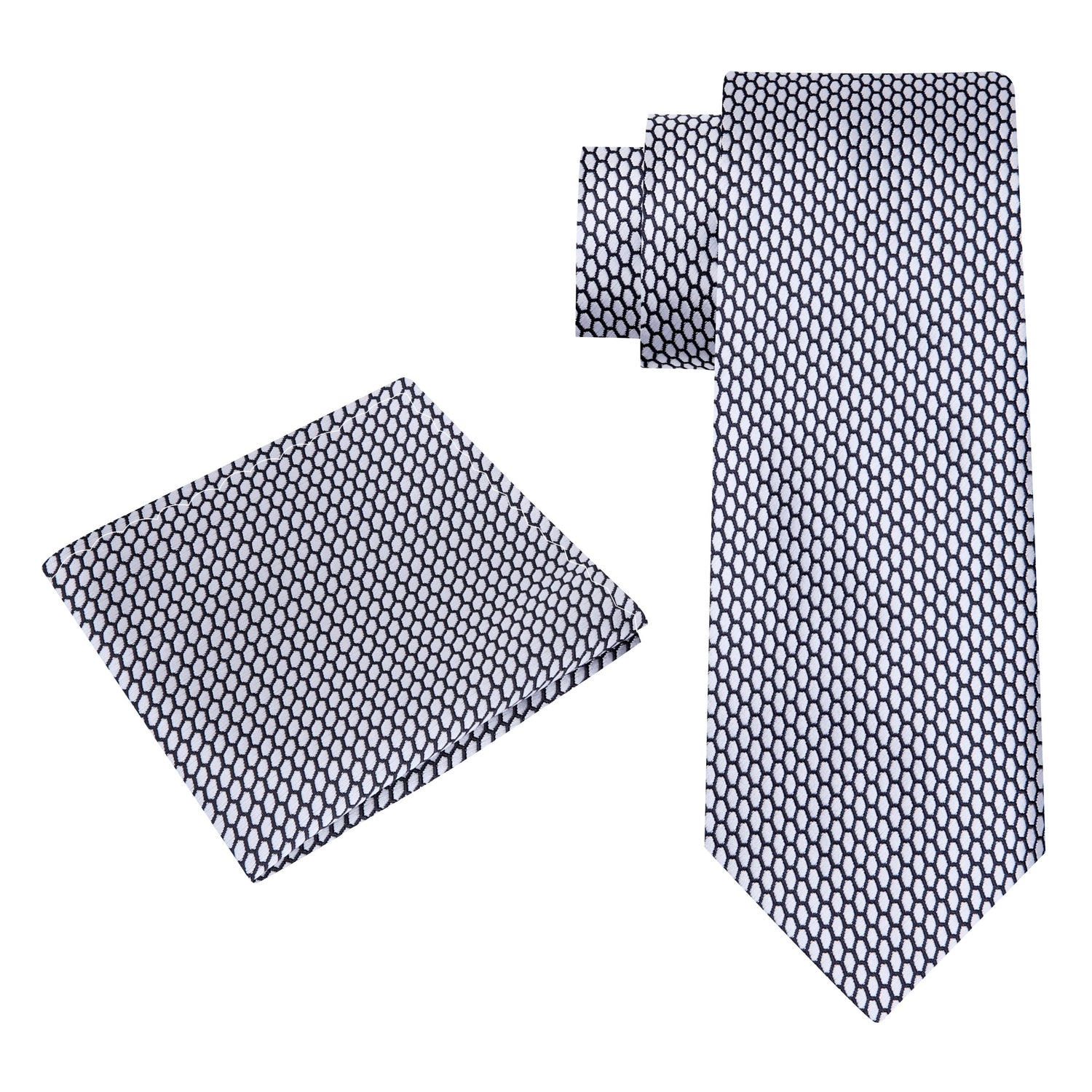 Alt View: A Silver, Black Geometric Oval Shaped Pattern Silk Necktie, Matching Pocket Square