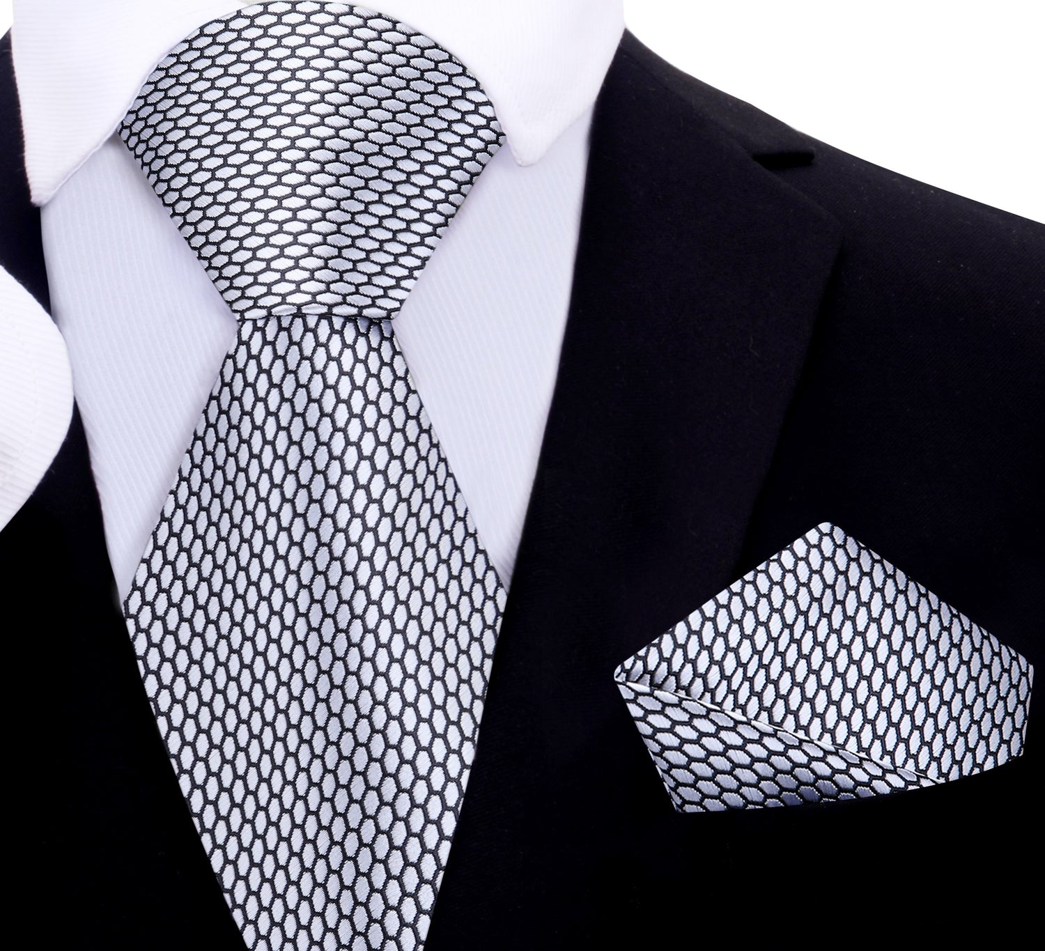 A Silver, Black Geometric Oval Shaped Pattern Silk Necktie, Matching Pocket Square
