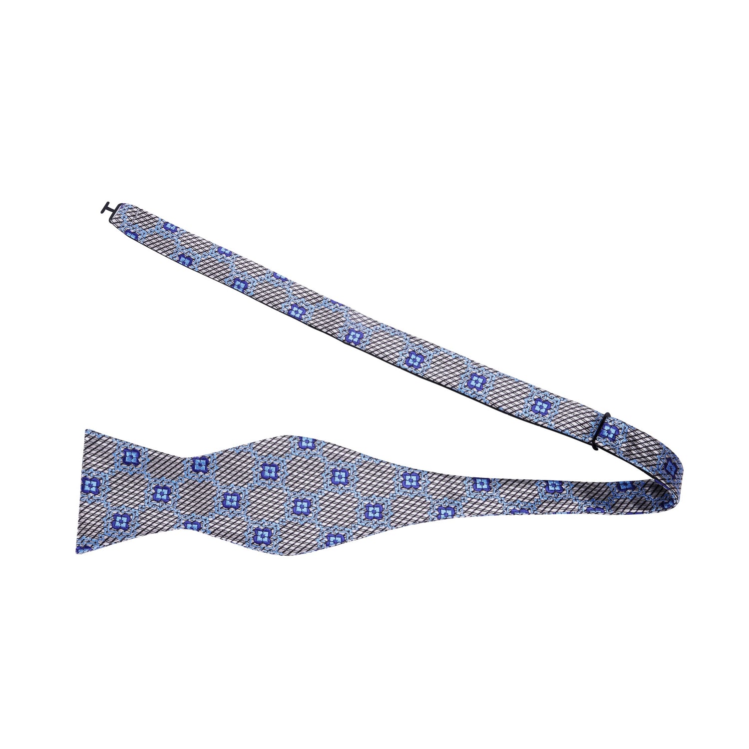 View 2: A Silver, Blue Geometric with Flower Pattern Silk Self Tie Bow Tie