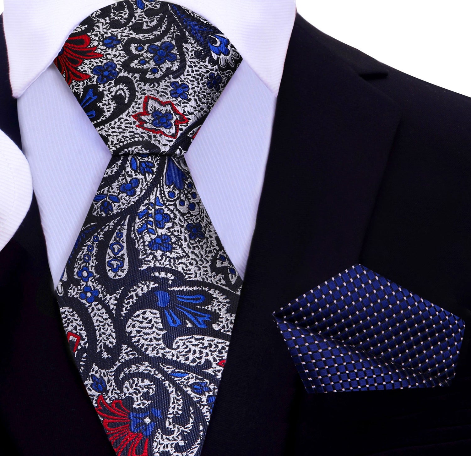 Silver Red Blue Paisley Tie and Blue Square