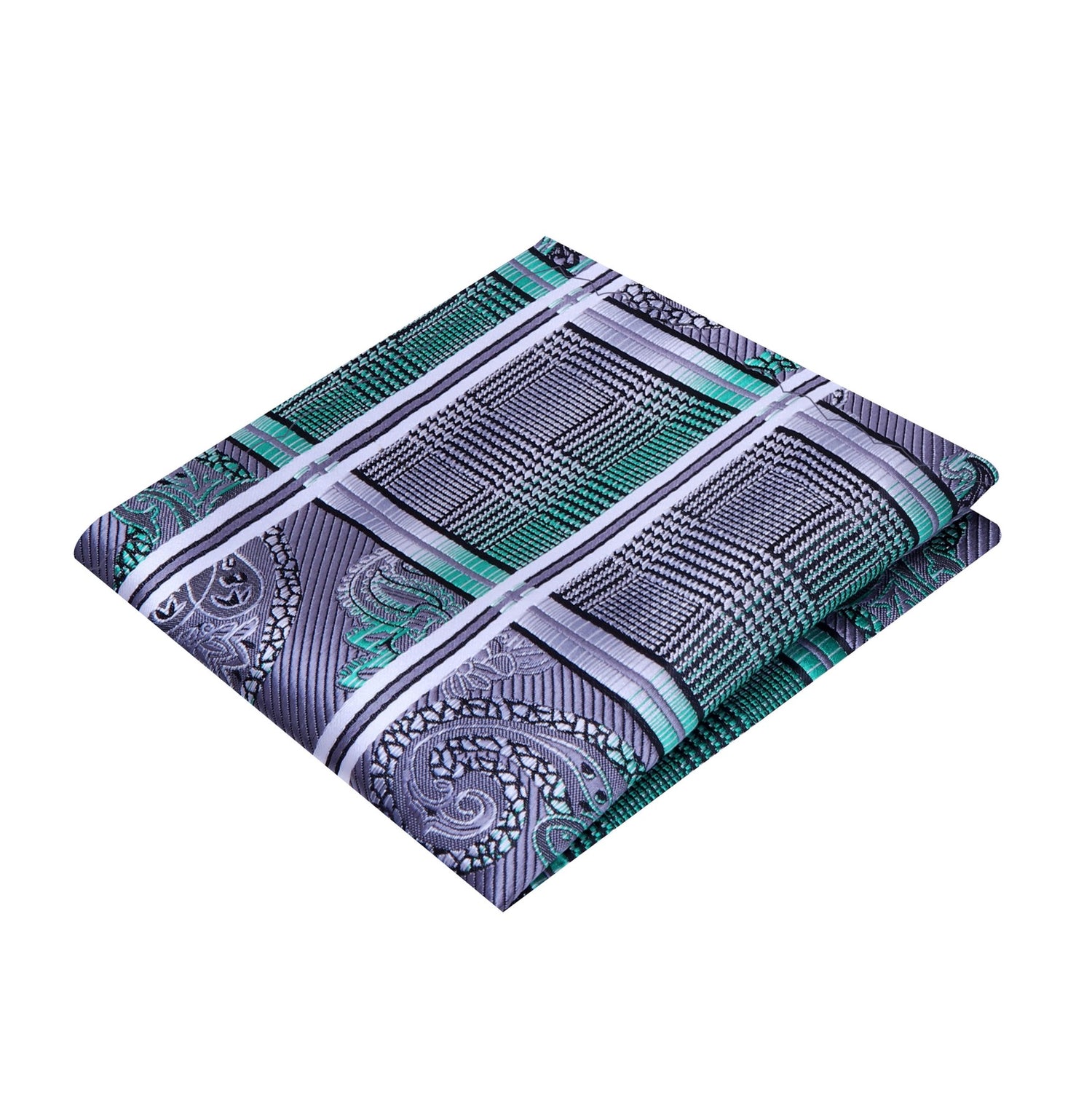 A Silver, Black, Green Geometric Paisley Pattern Silk Pocket Square