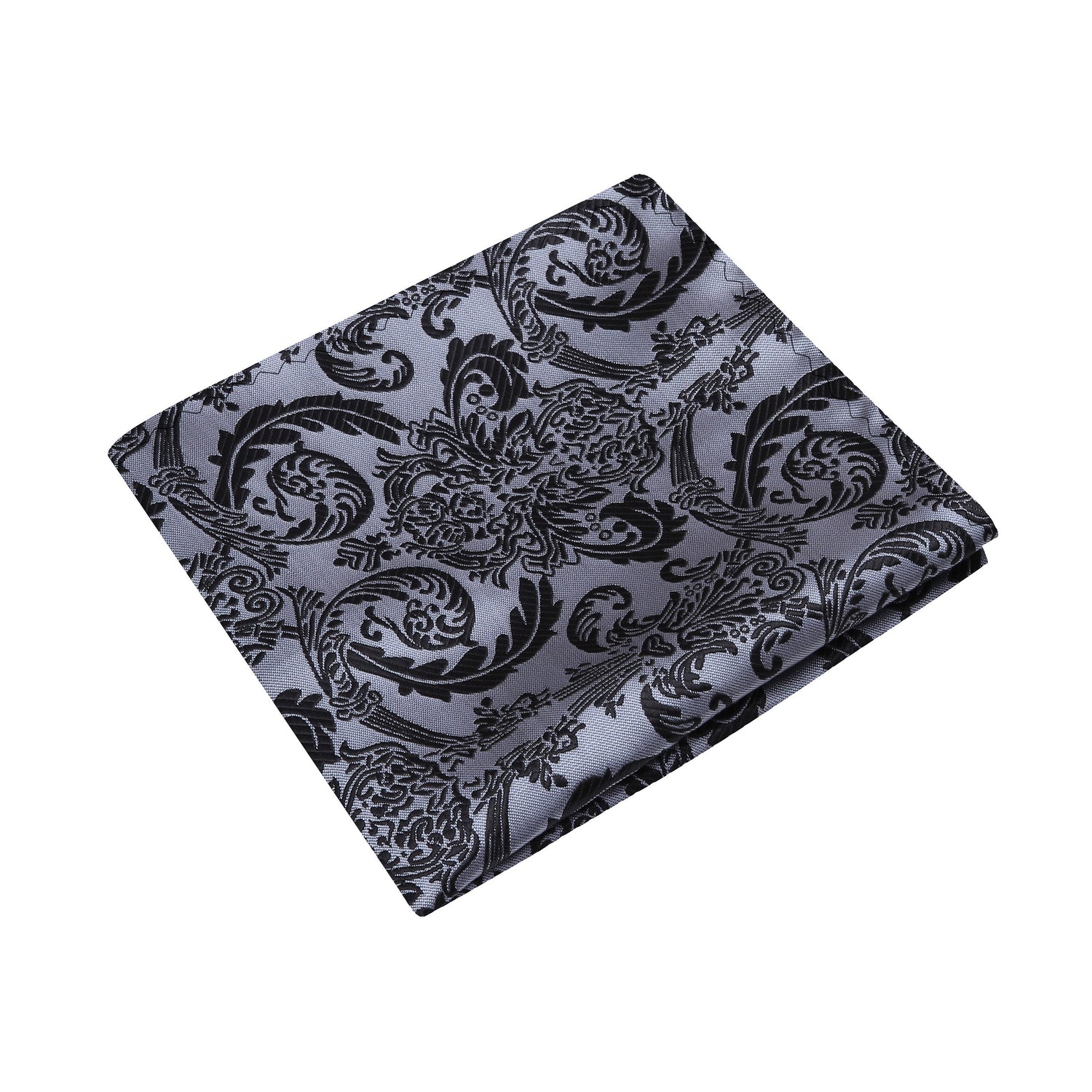 A Silver, Black Intricate Floral Pattern Silk Pocket Square