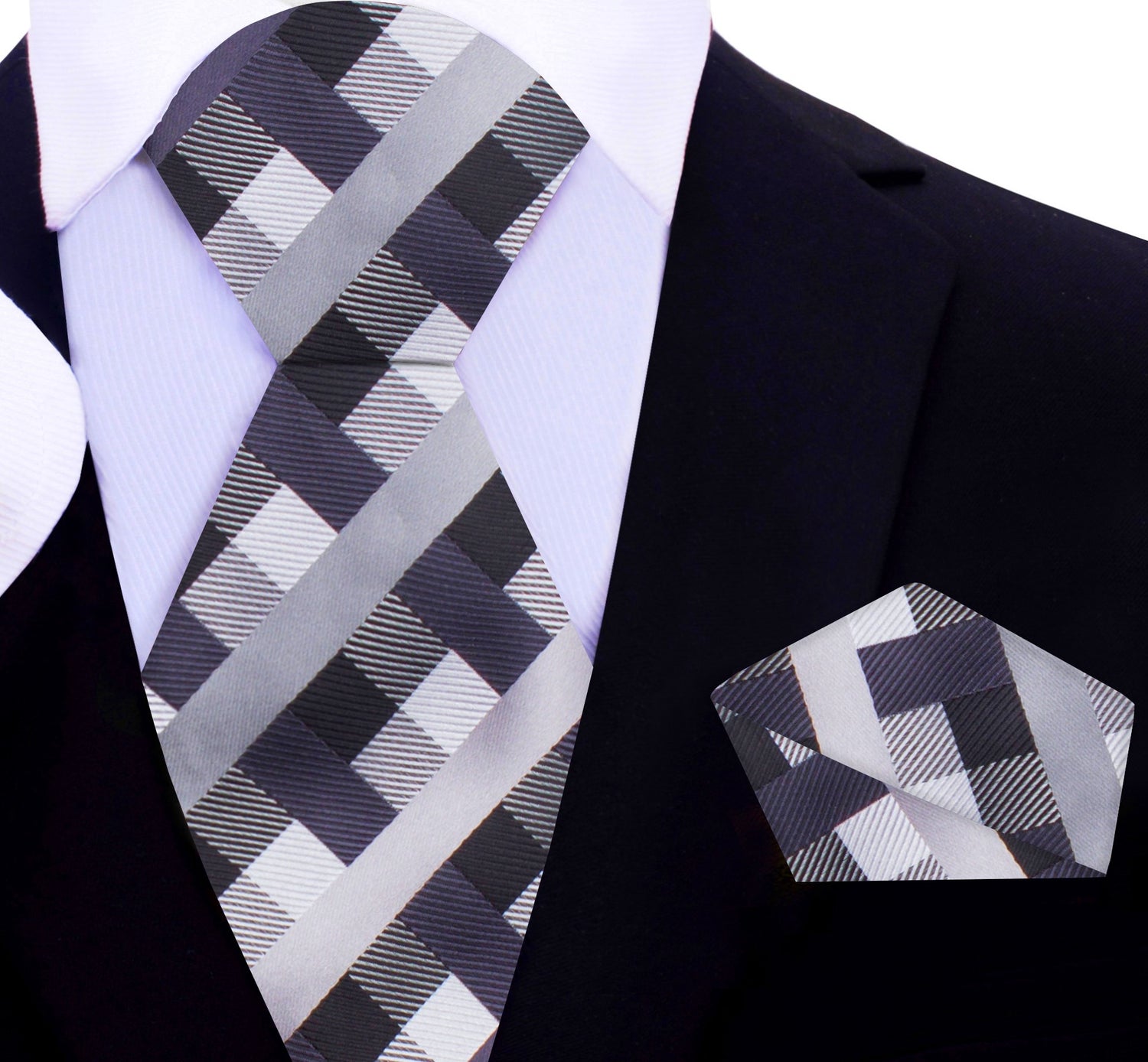 Silver, Black Check Tie and Pocket Square