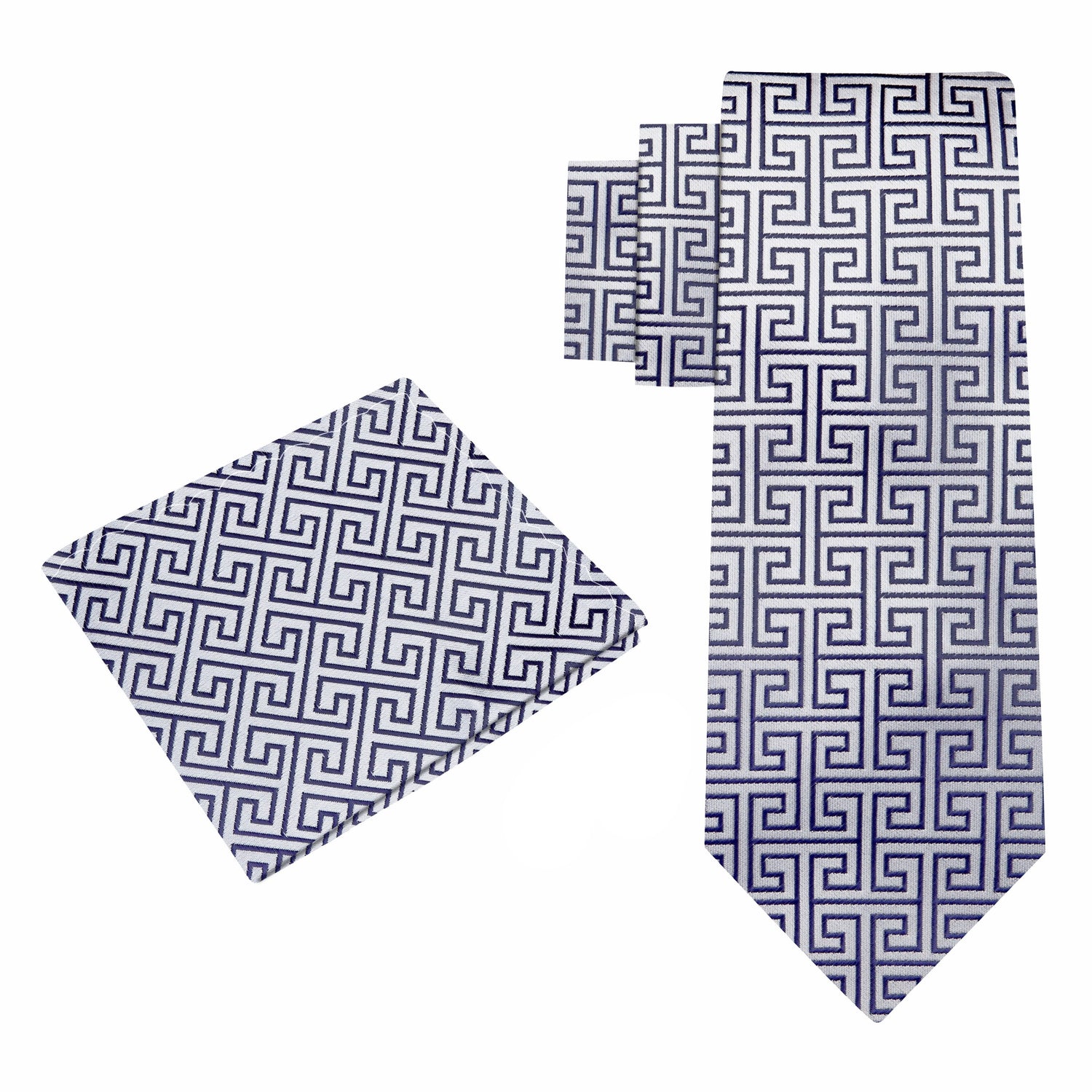 Alt view: A Silver Geometric Pattern Silk Necktie, Matching Pocket Square
