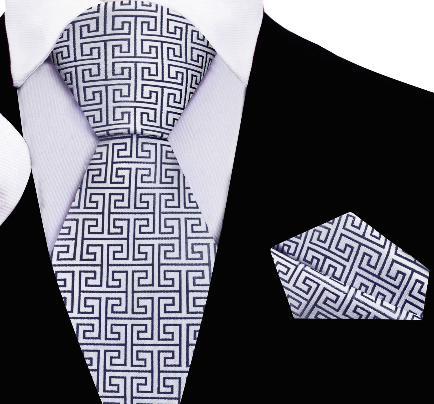 A Silver Geometric Pattern Silk Necktie, Matching Pocket Square
