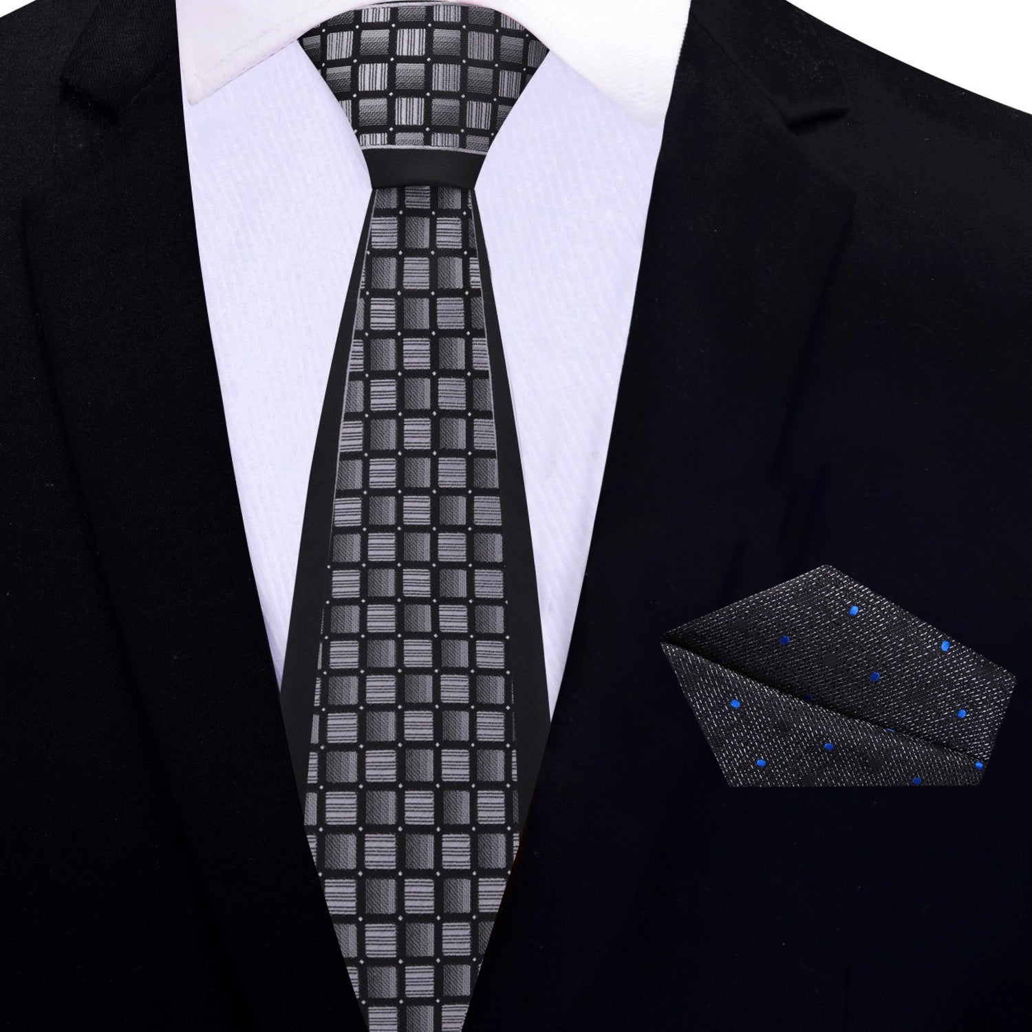 Thin Tie: Grey, Black Geometric Necktie and Accenting Square