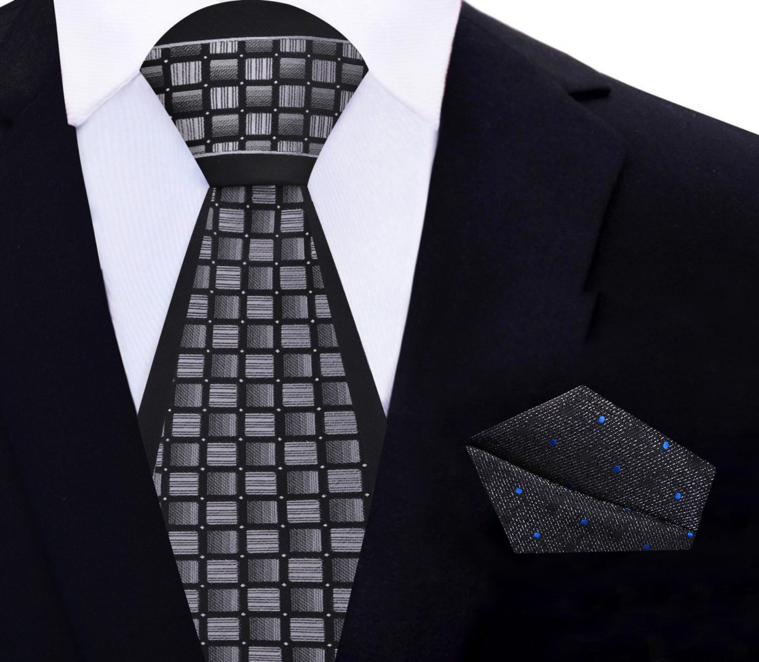 Grey, Black Geometric Necktie and Accenting Square