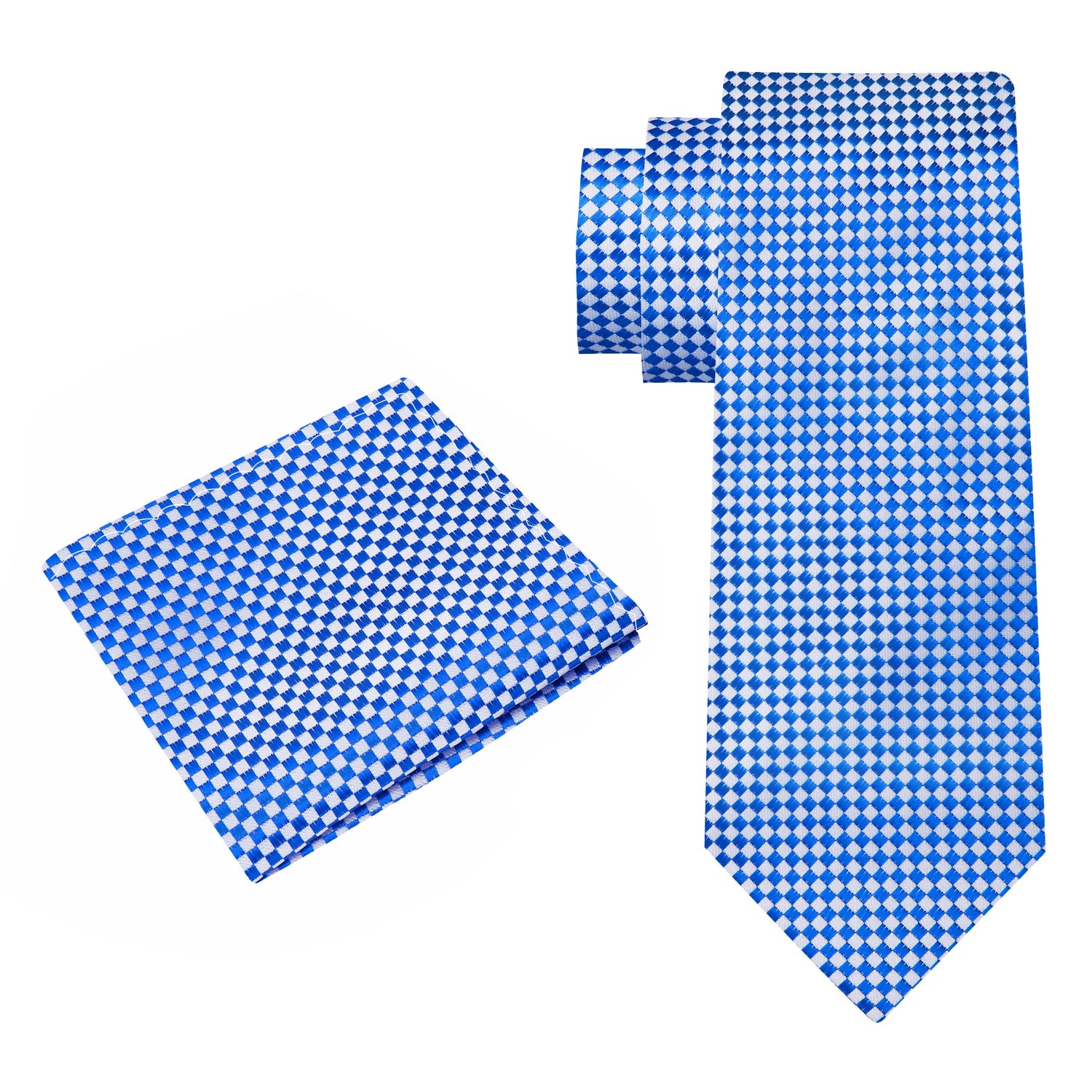 Alt View: A Light Blue, Light Grey Check Pattern Silk Necktie, Matching Pocket Square