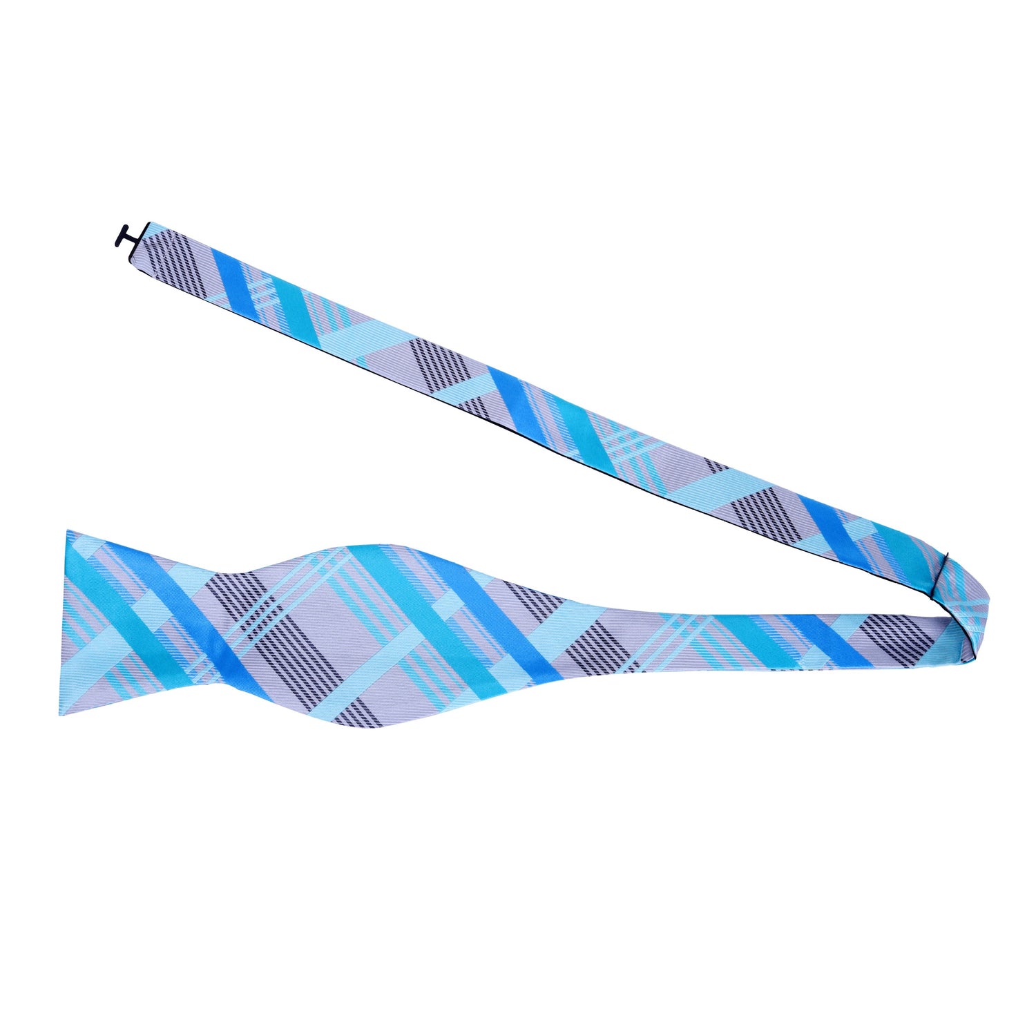 A Grey, Light Blue, Ice Blue Plaid Pattern Silk Self Tie Bow Tie Untied
