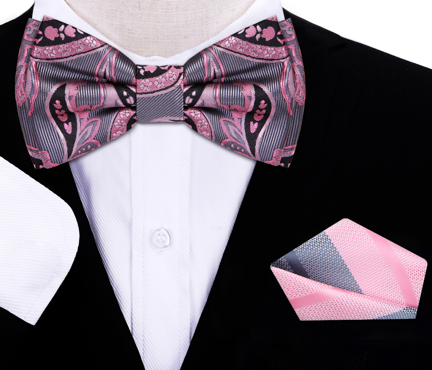 Silver, Pink and Black Paisley Bow Tie and Accenting Pink, Grey Stripe Pocket Square