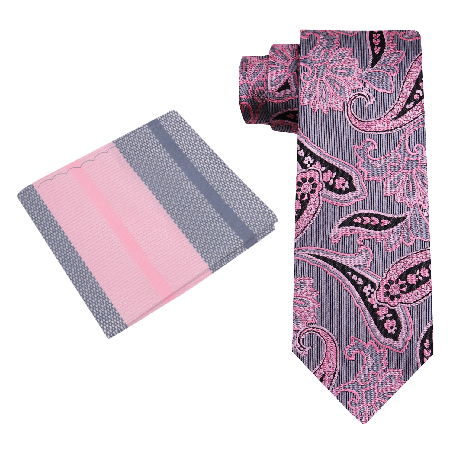 View 2: Silver Pink Salmon Paisley Tie and Pink Grey Stripe Square