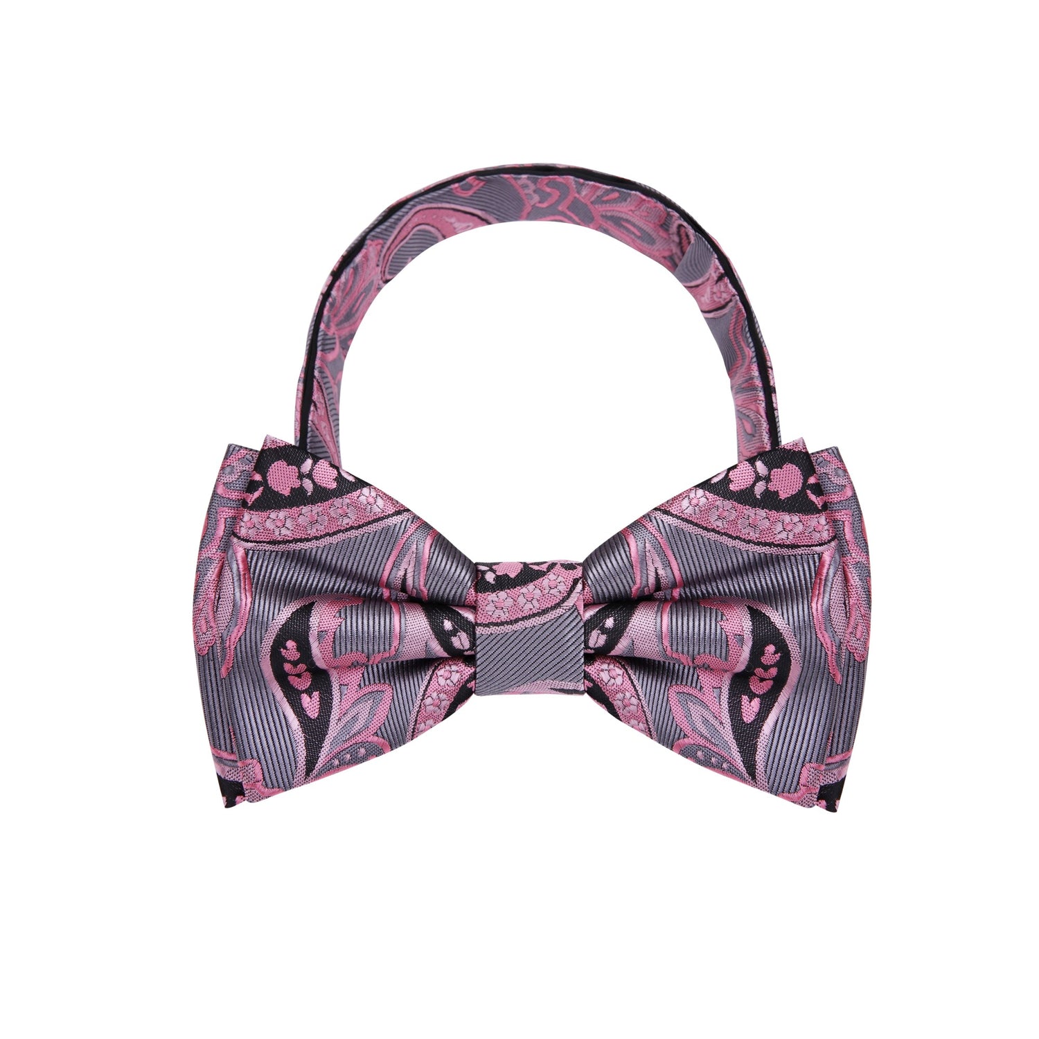 Silver, Pink and Black Paisley Bow Tie Pre Tied