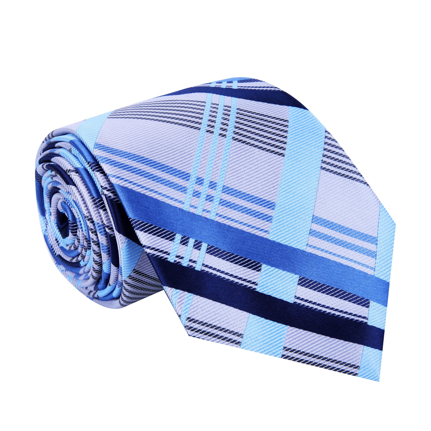 A Silver, Blue Light Blue, Ice Blue Plaid Pattern Silk Necktie 