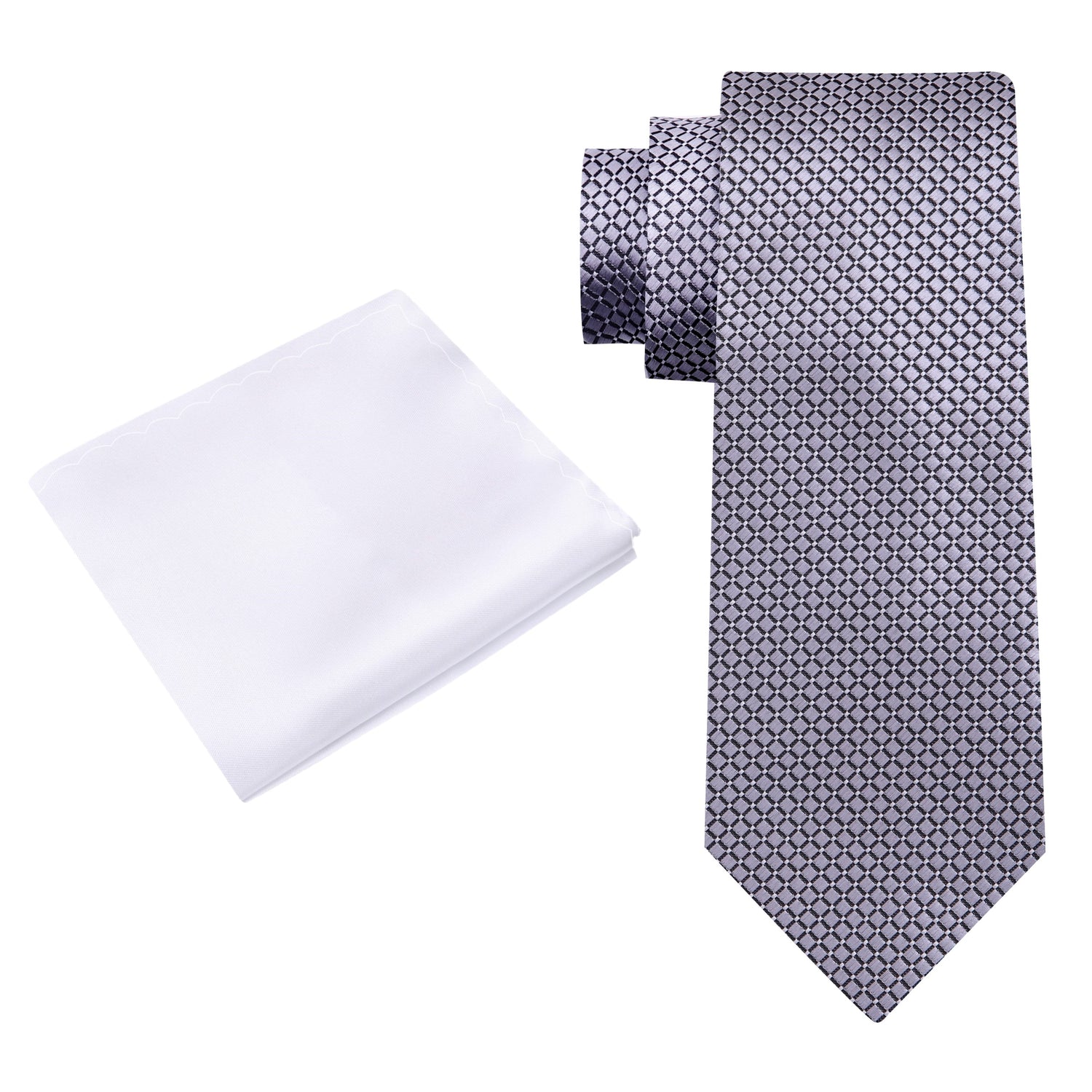 Alt View: A Light Grey Small Geometric Diamond With Small Dots Pattern Silk Necktie With Solid White Pocket Square