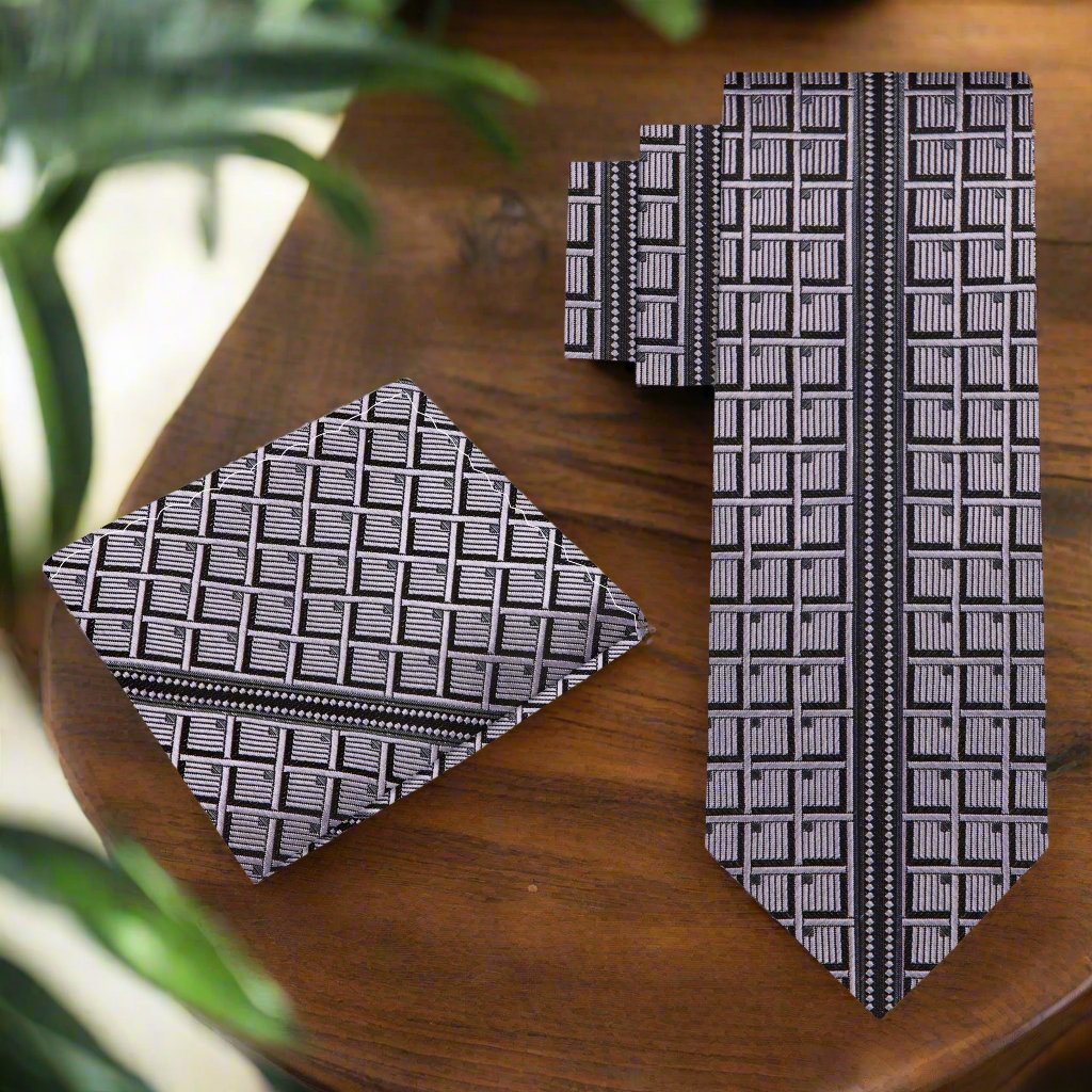 Alt View: A Dark Grey, Black Geometric Waffle Pattern Silk Necktie, Matching Pocket Square