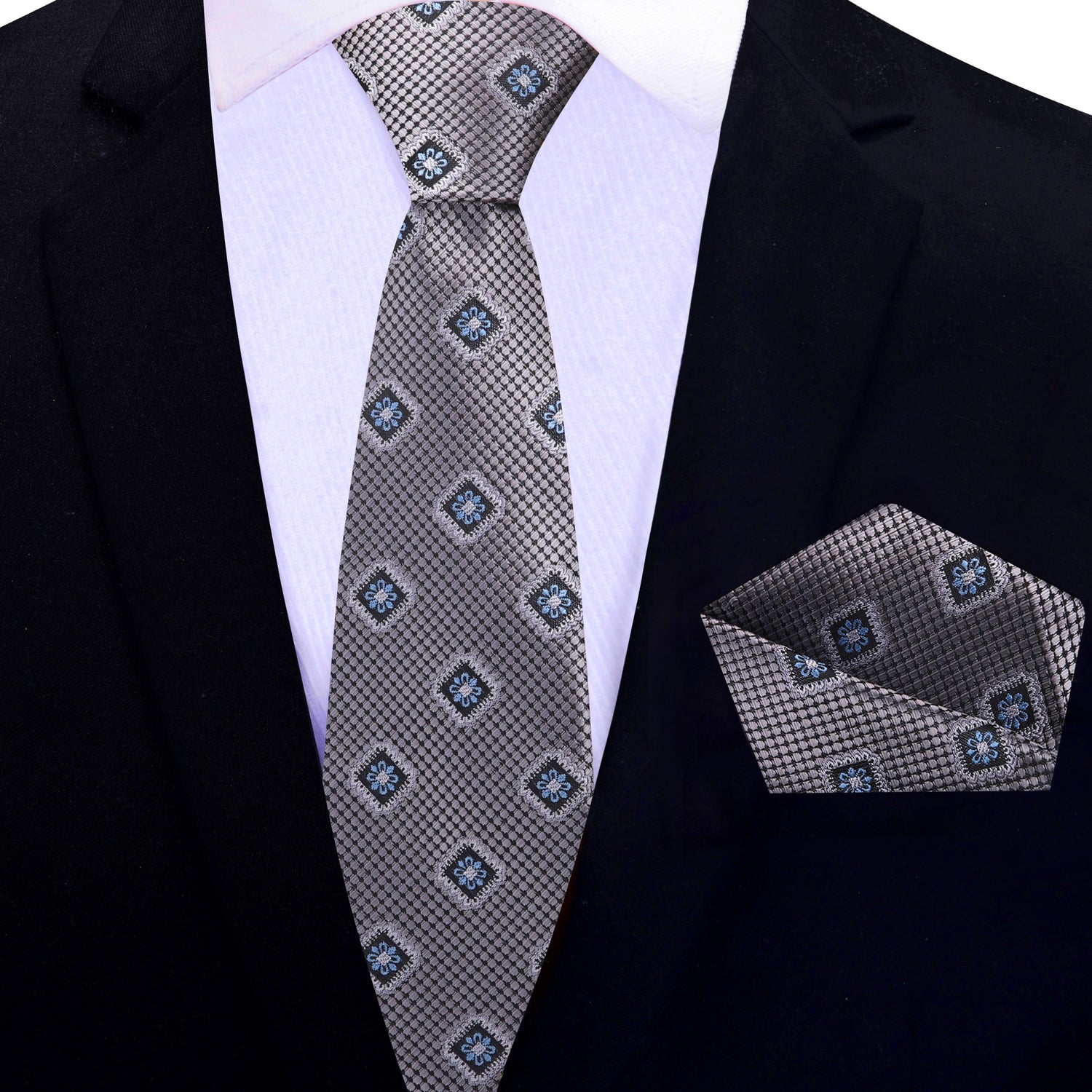 Grey Geometric Medallion Thin Tie and Pocket Square