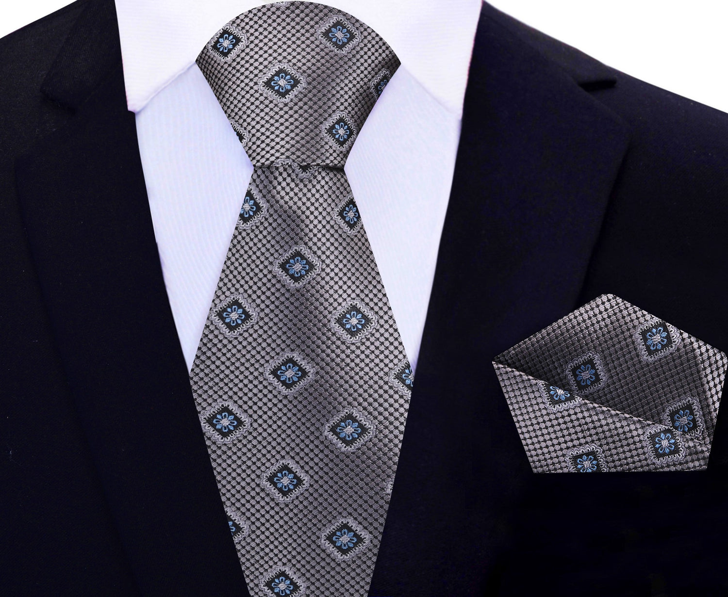Grey Geometric Medallion Tie and Pocket Square