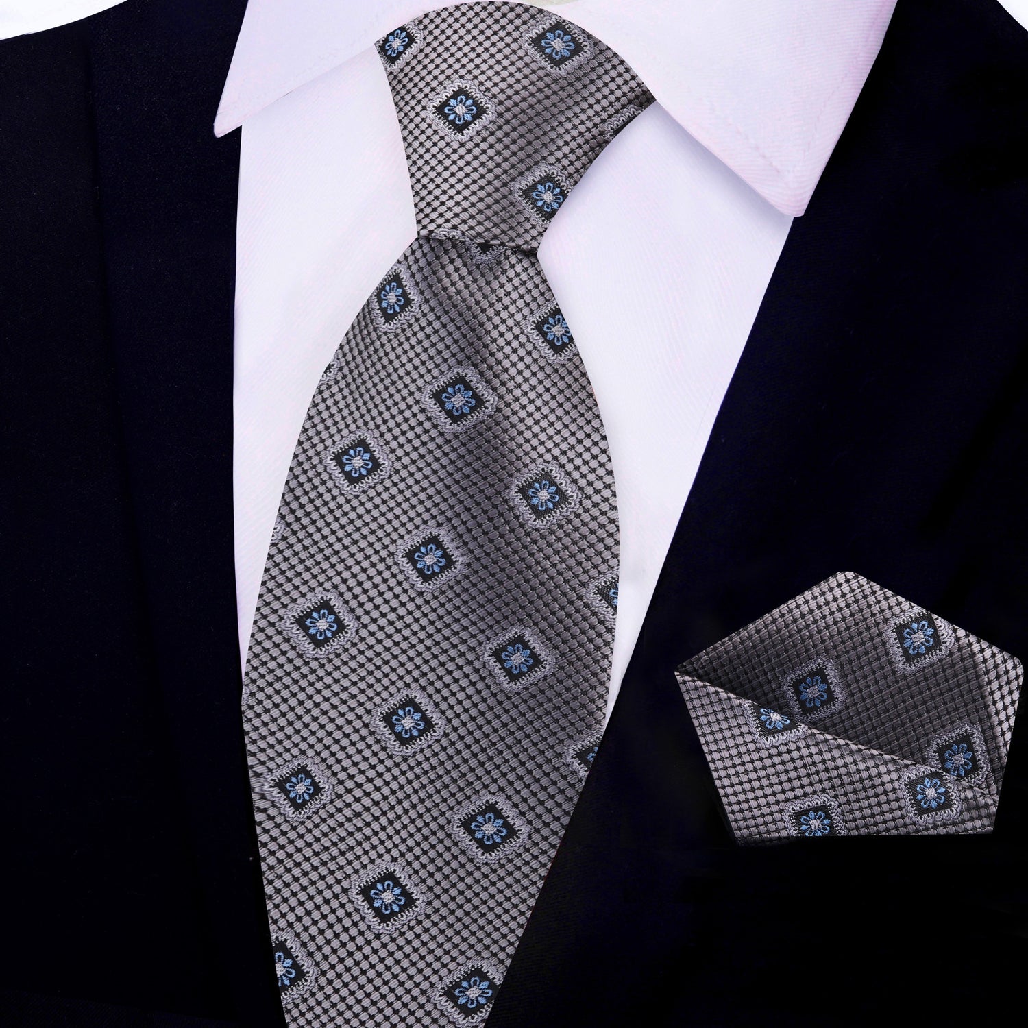 View 2: Grey Geometric Medallion Tie and Pocket Square