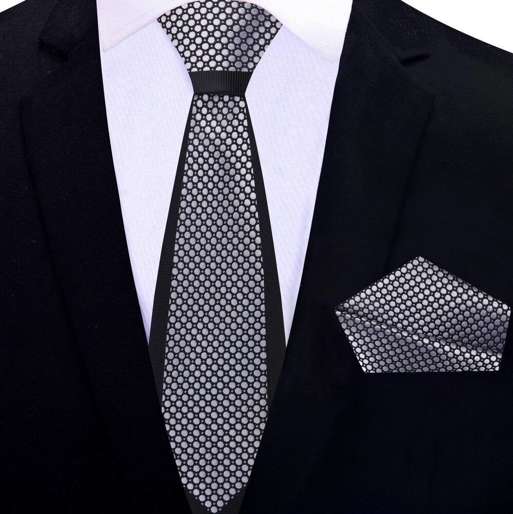 Silver, Black Geometric Thin Tie and Pocket Square||Silver, Black