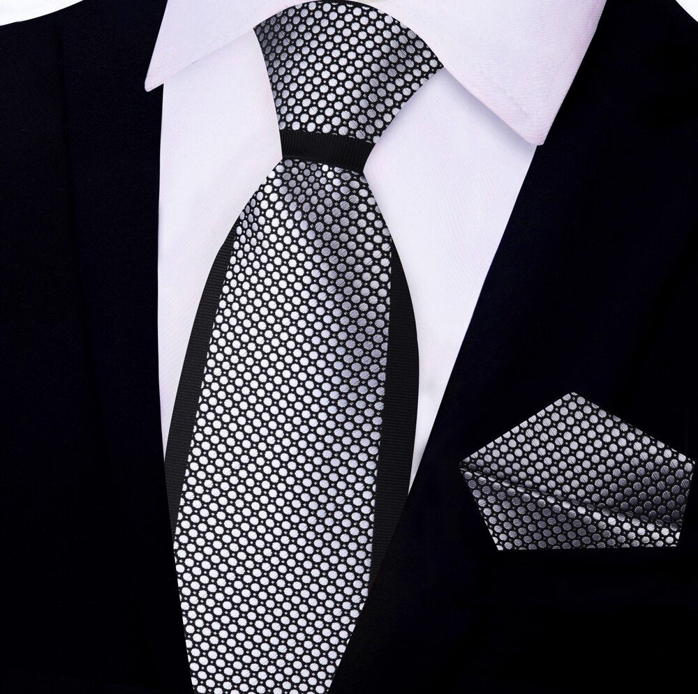 Silver, Black Geometric Tie and Pocket Square||Silver, Black