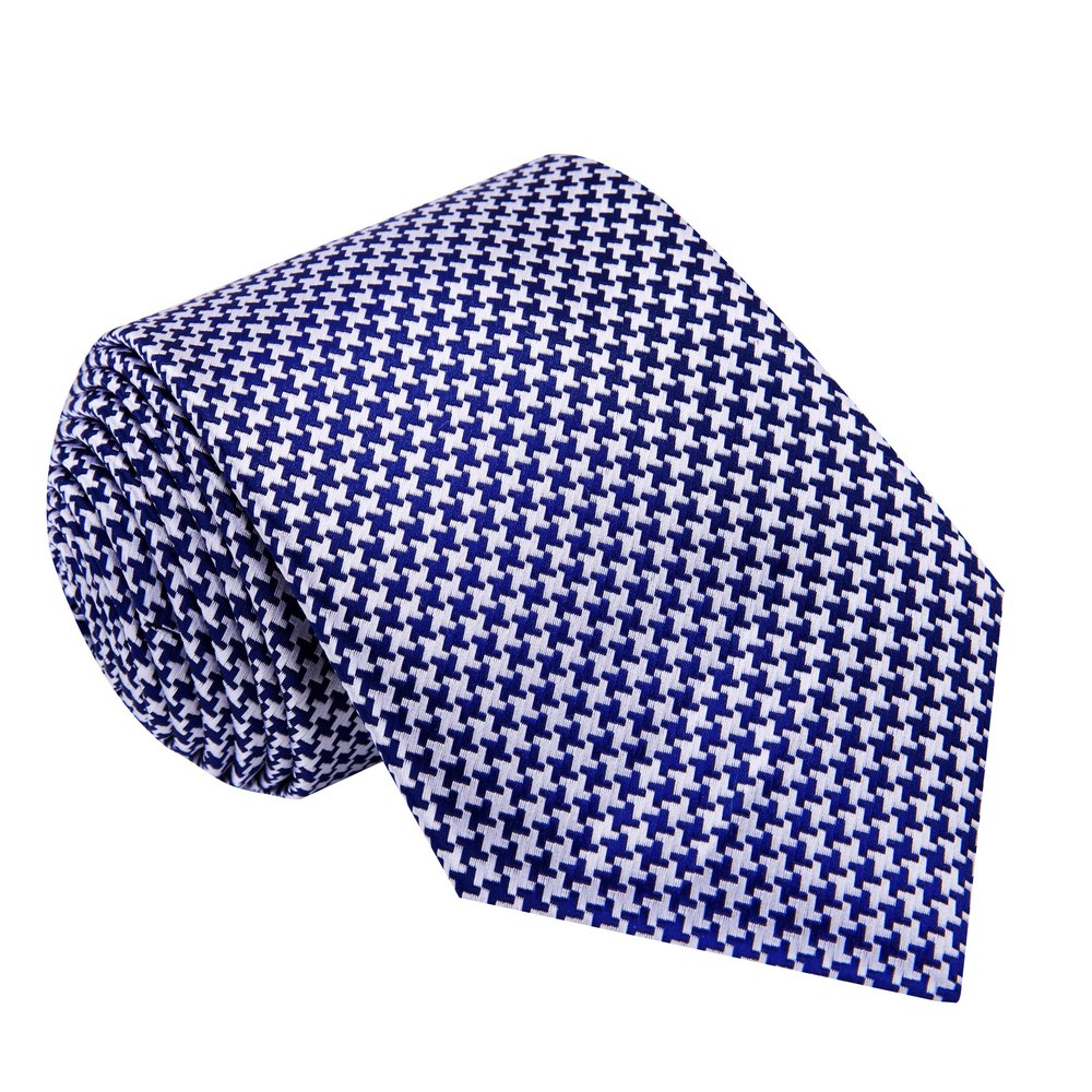 Silver, Blue Hounds Tooth Tie||Silver/Blue