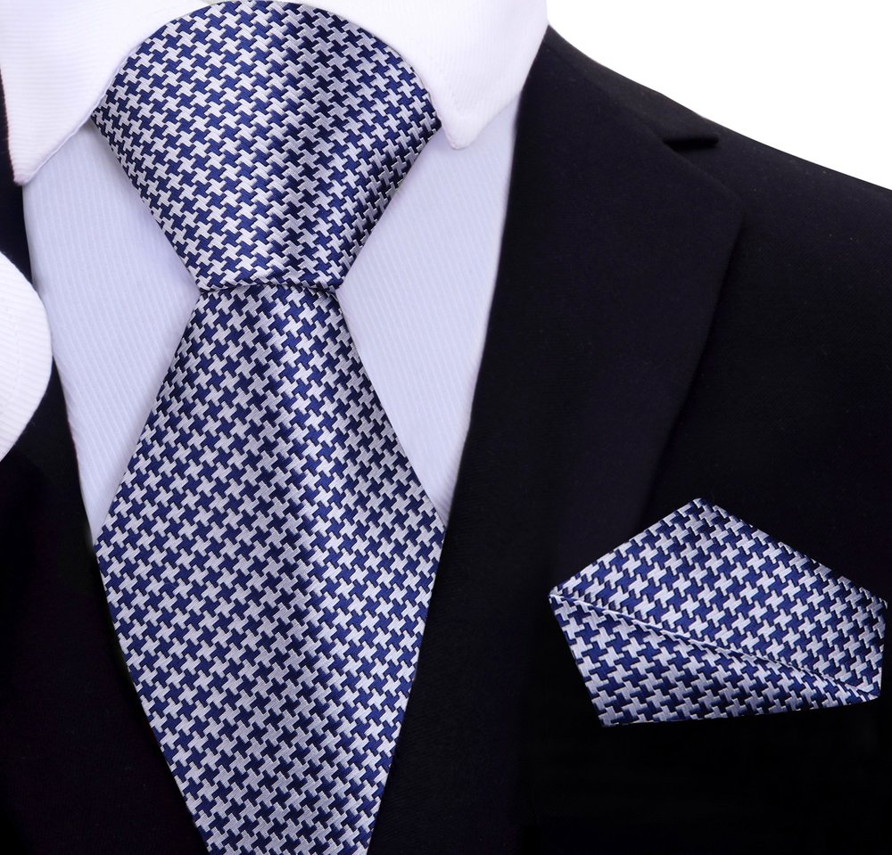 Silver, Blue Hounds Tooth Tie and Pocket Square||Silver/Blue
