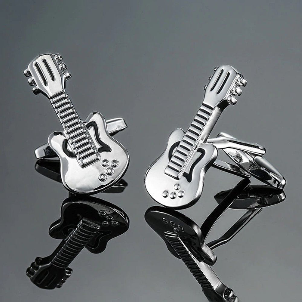 A Silver, Black Color Guitar Shaped Cuff-links